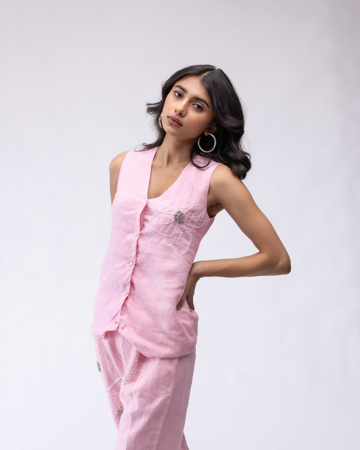 Light Pink Linen Embellished Floral Waistcoat