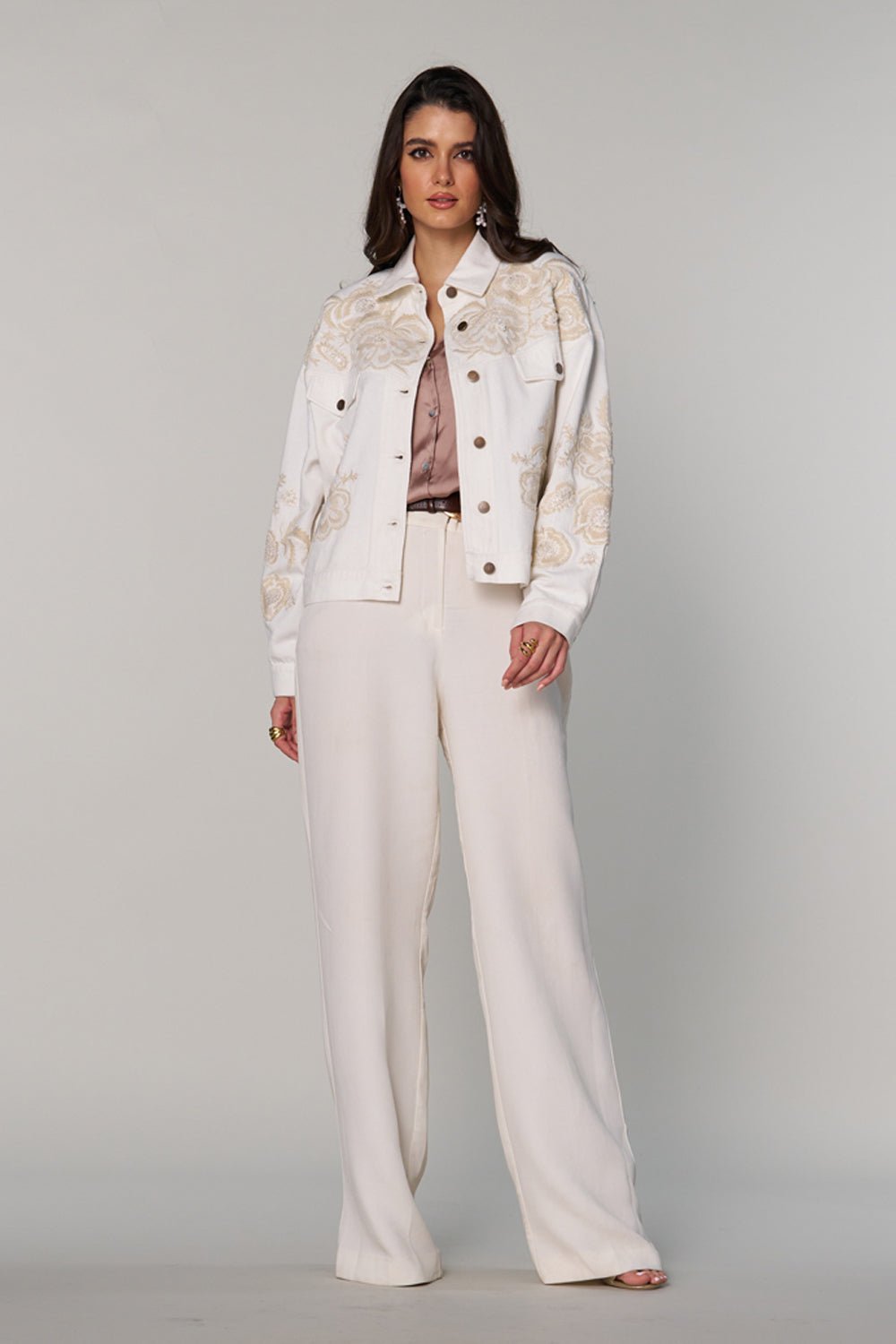 White Floral Embroidered Cropped Button-Front Jacket
