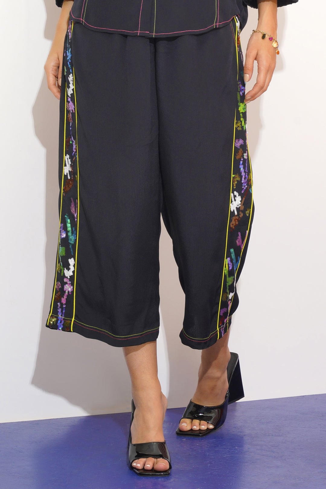 Black Wide-Leg Trousers with Sequin Side Panels