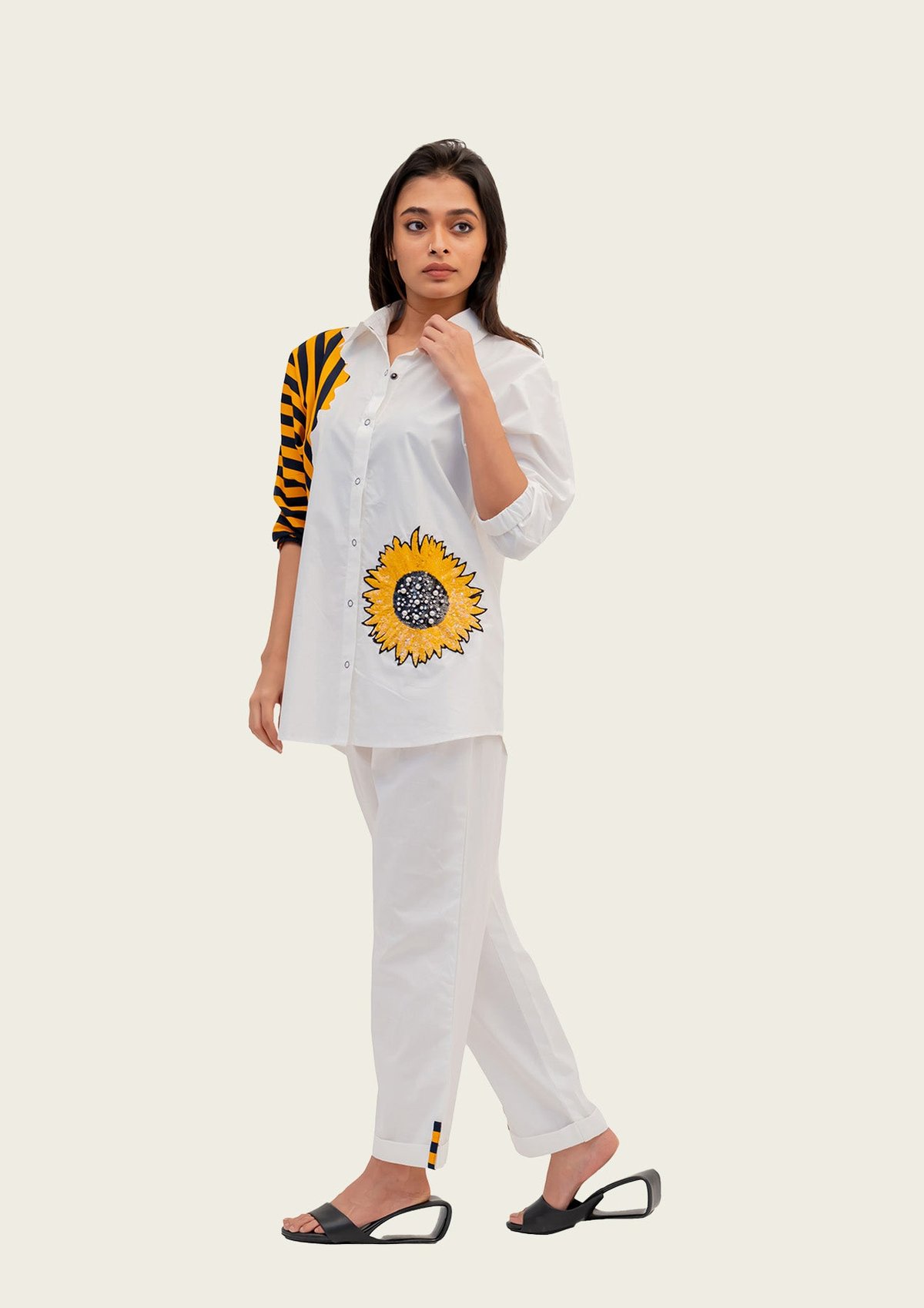 White Cotton Shirt and Pants Co-ord Set with Embroidery