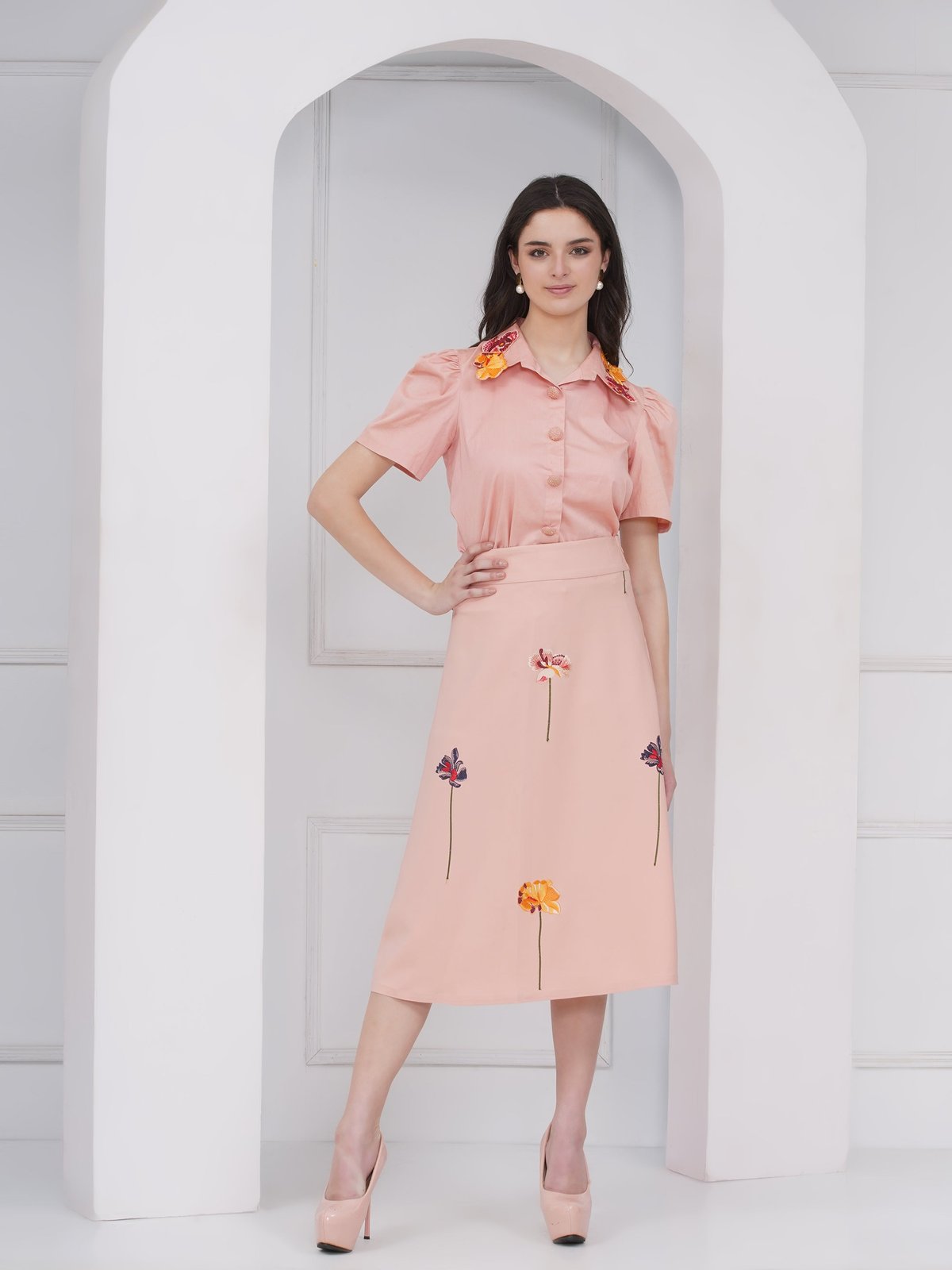 Peach Shirt and A-Line Midi Skirt Co-ord Set