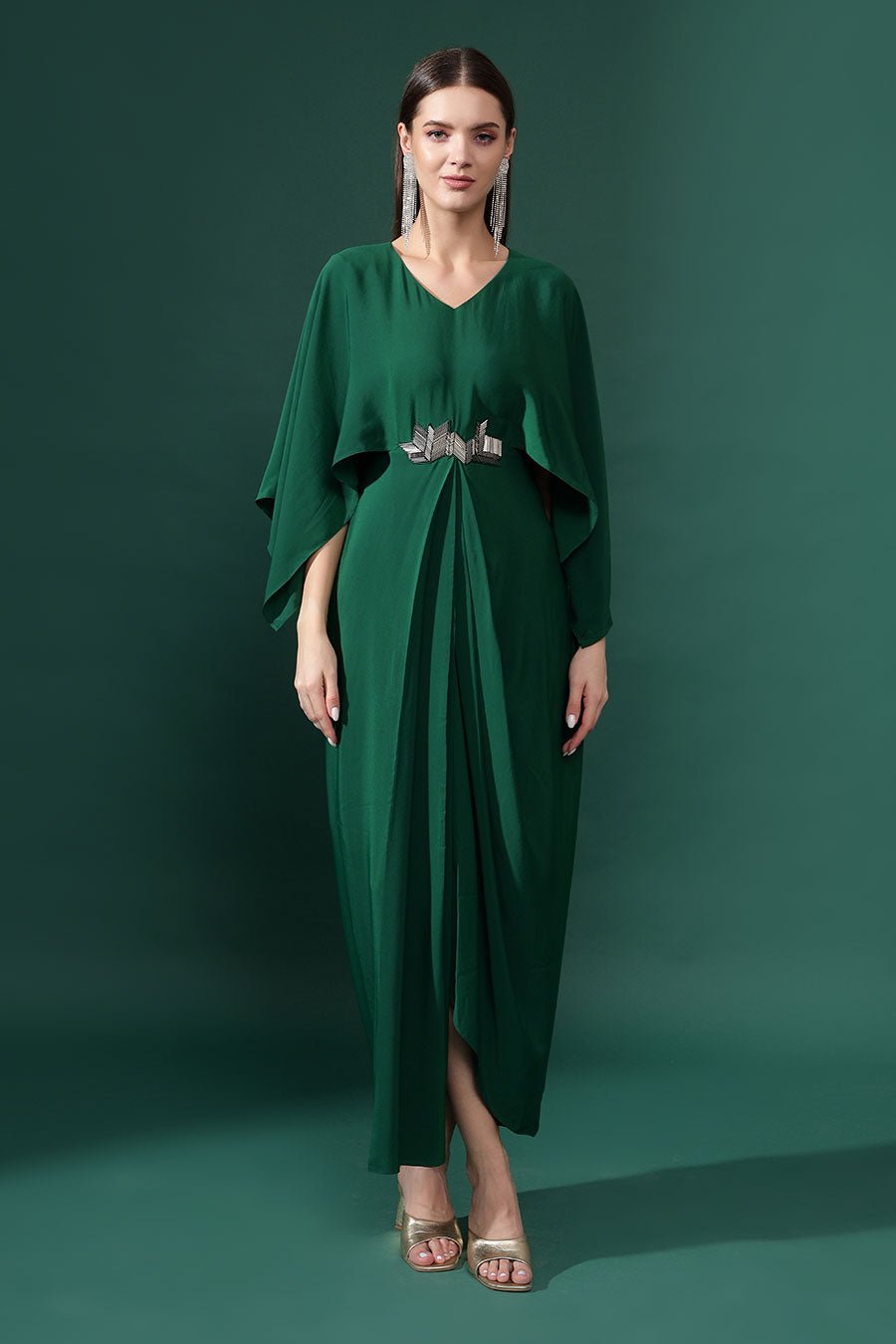 Bottle Green Silk Crepe Draped Maxi Dress with Cape Sleeves