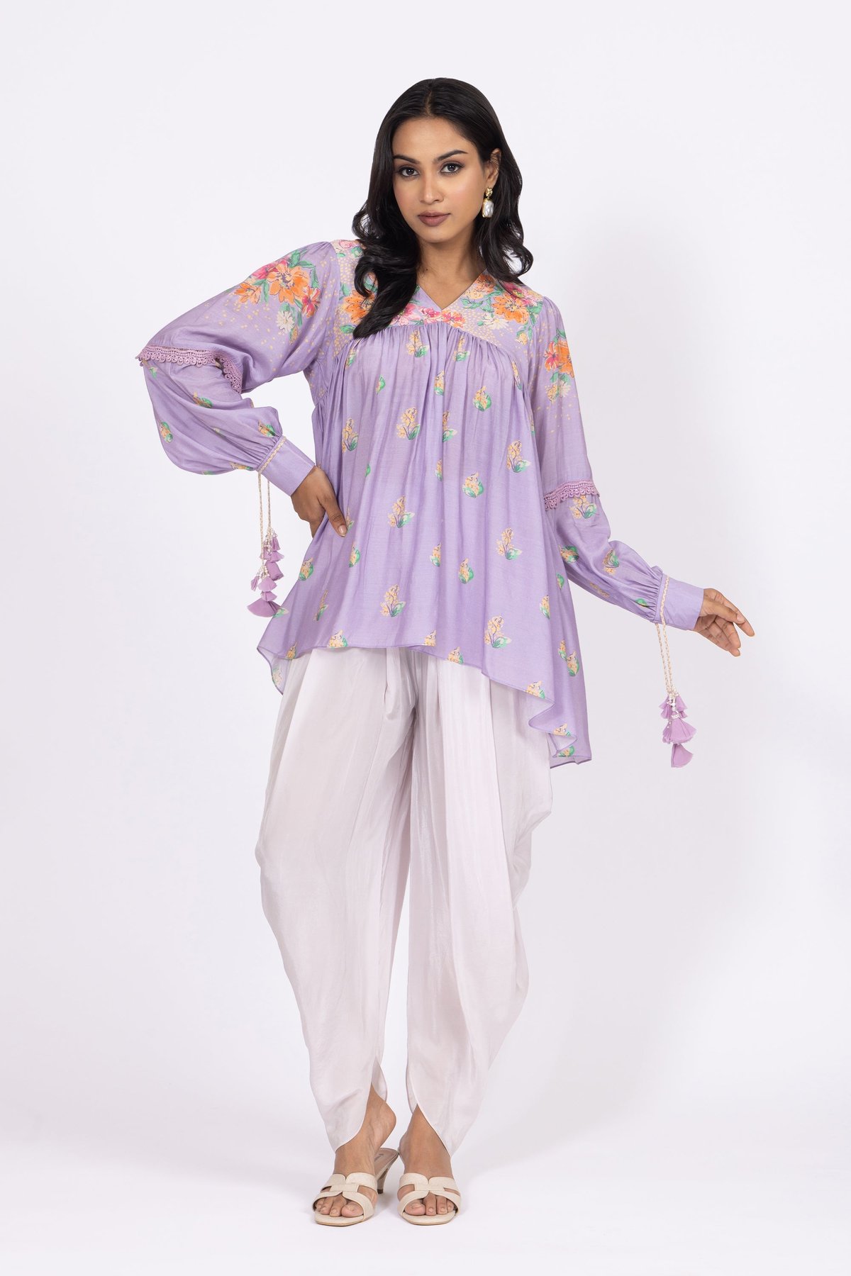 Lilac Floral V-Neck Top and Dhoti Co-ord Set
