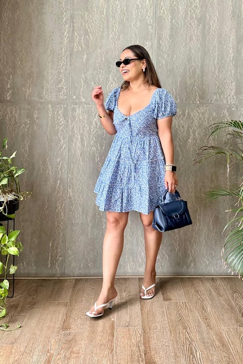Blue Floral Tiered Mini Dress with Sweetheart Neck