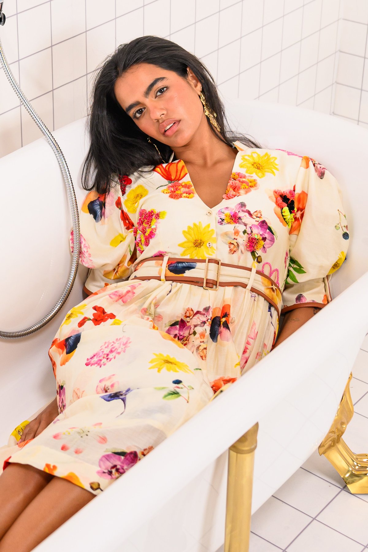 Off White Floral Fit and Flare Midi Dress with Belt