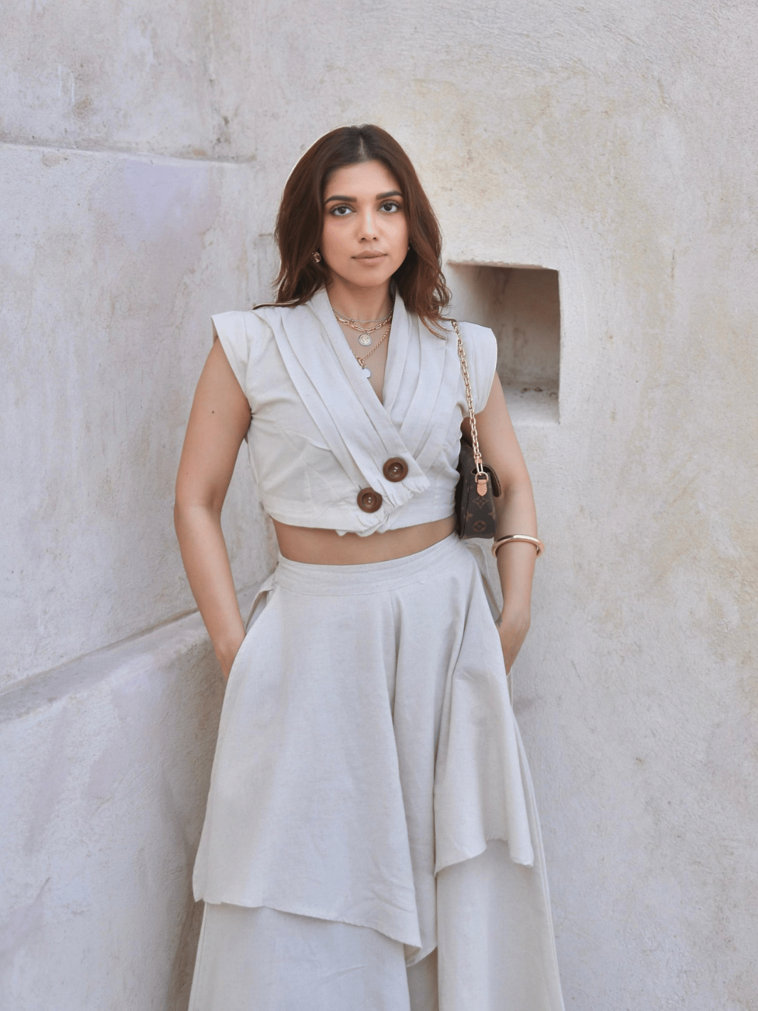 Ivory Wrap Top and Wide-Leg Pants Co-ord Set