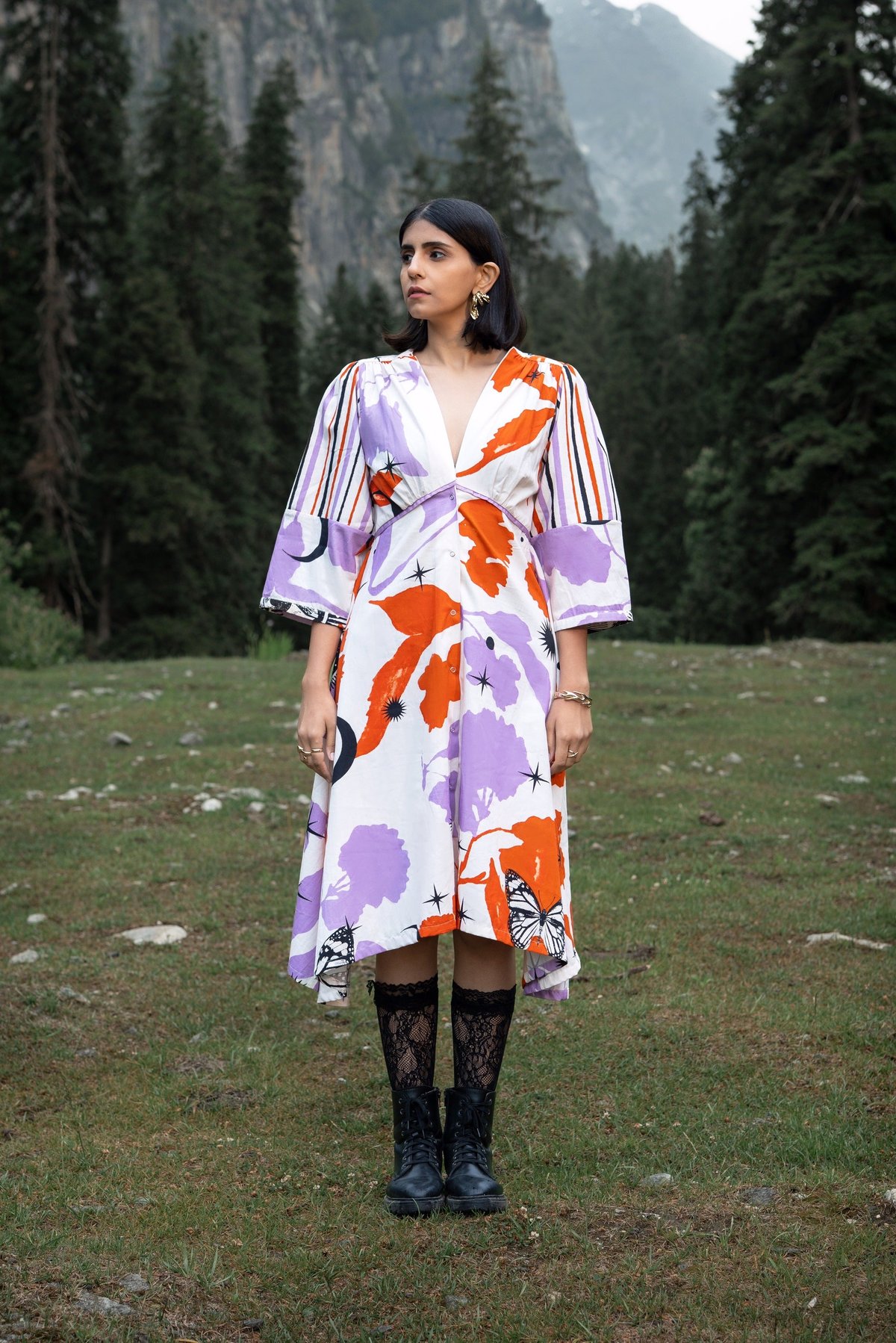 White Orange Printed Recycled Cotton Midi Dress