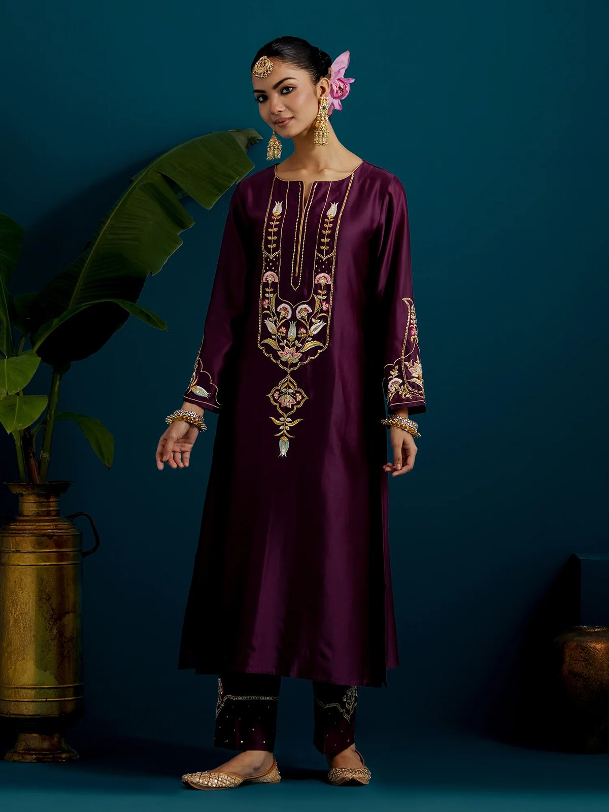 Purple Silk Chanderi A-Line Yoke Embroidered Kurta