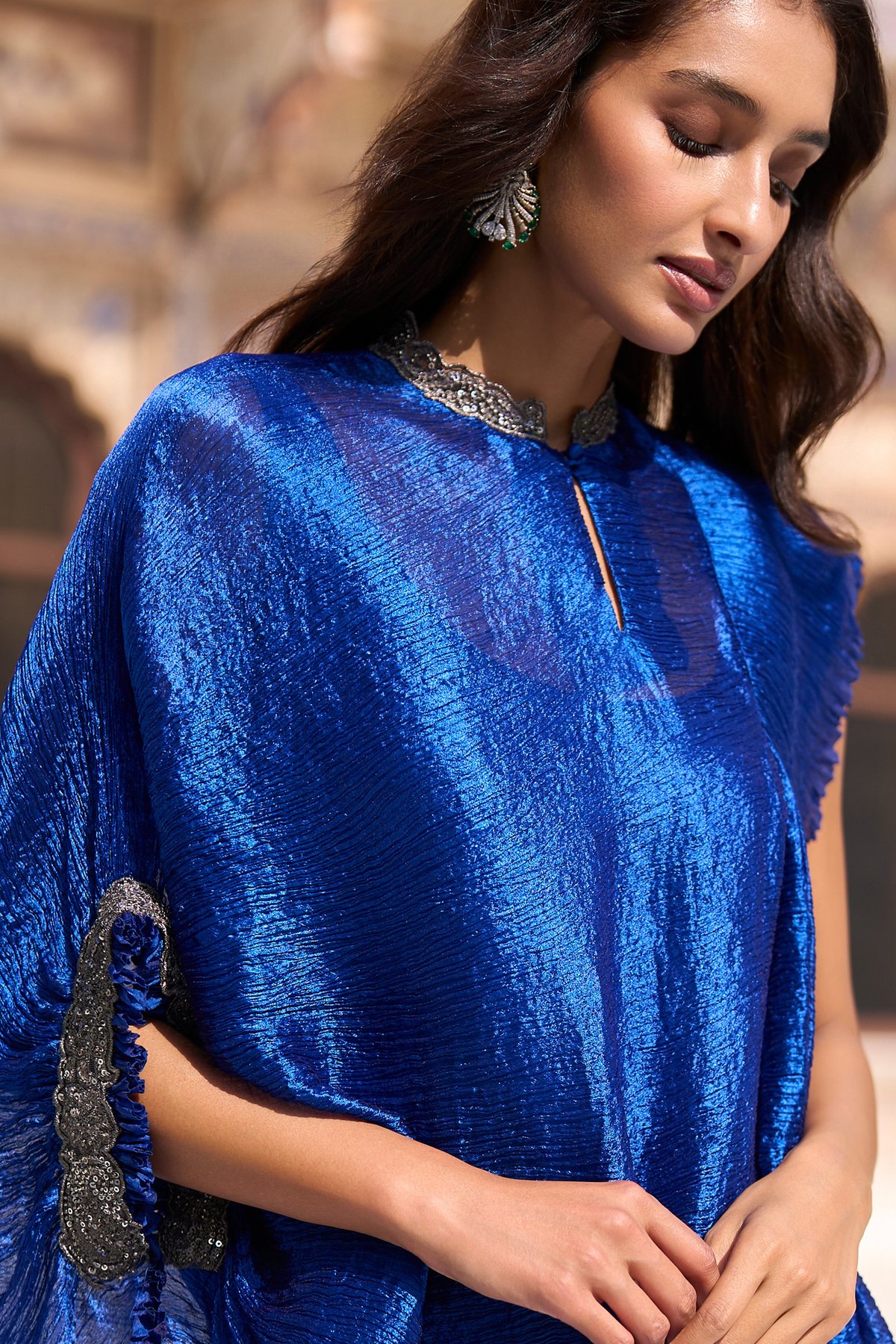 Crushed Tisue Single Sleeve Embroidered Top & Benares Brocade Pant