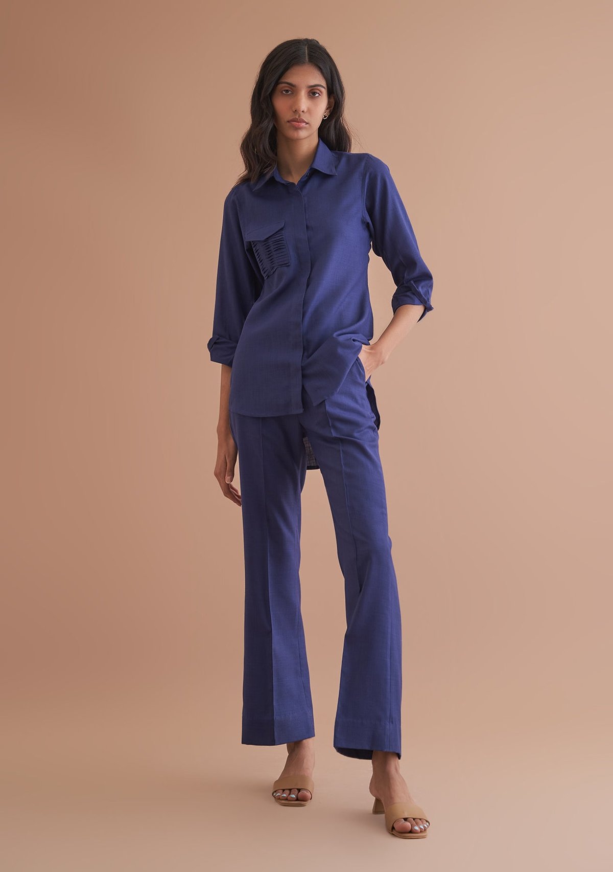 Navy Cotton Shirt and Flared Pants Co-ord Set