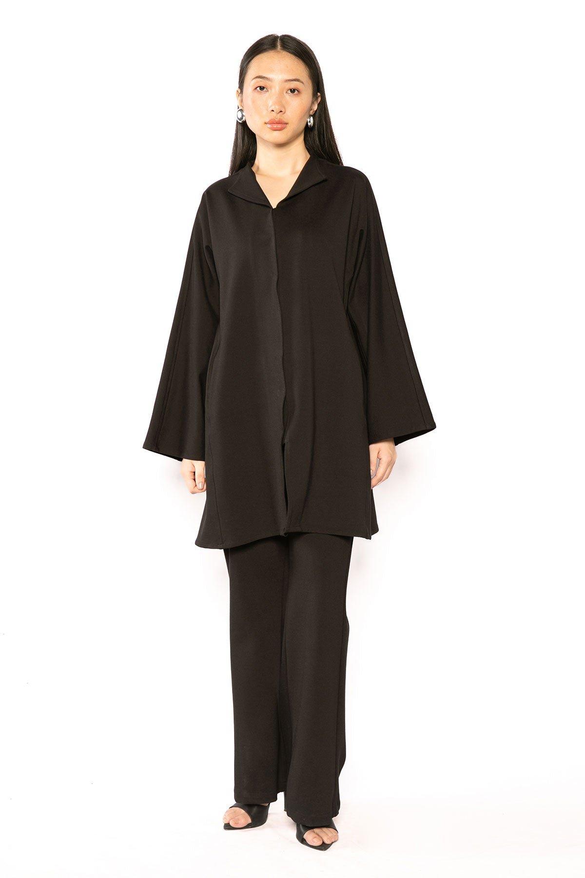 Black Longline Mandarin Collar Zip-Front Jacket