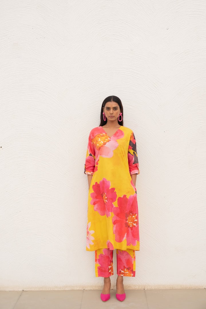 Yellow Floral A-Line Kurta Set with Straight Pants