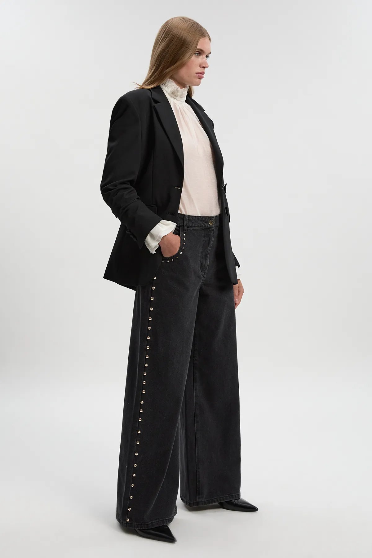 Black Wide-Leg Studded Denim Trousers