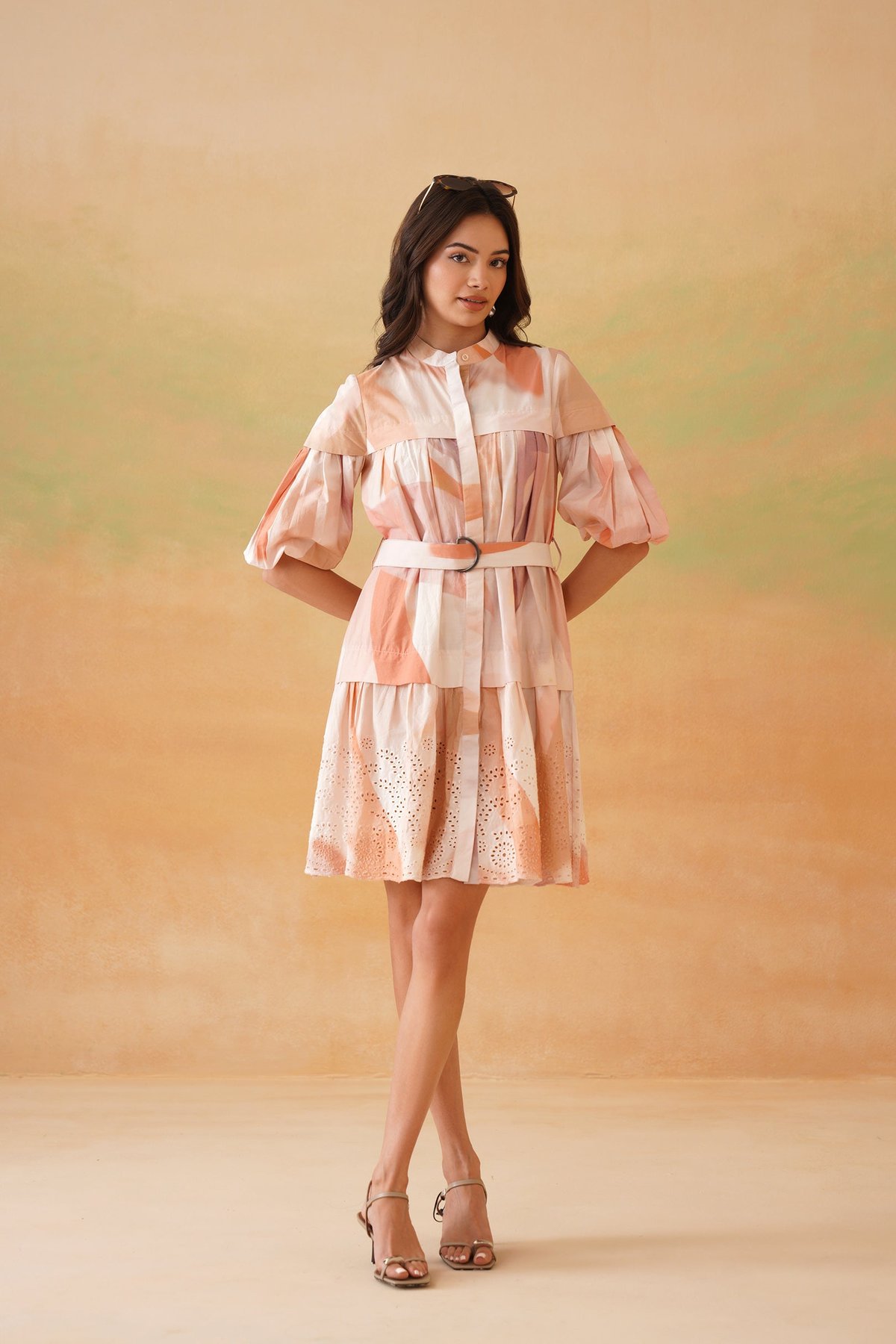 Peach Pastel Printed Tiered Mini Shirt Dress with Belt