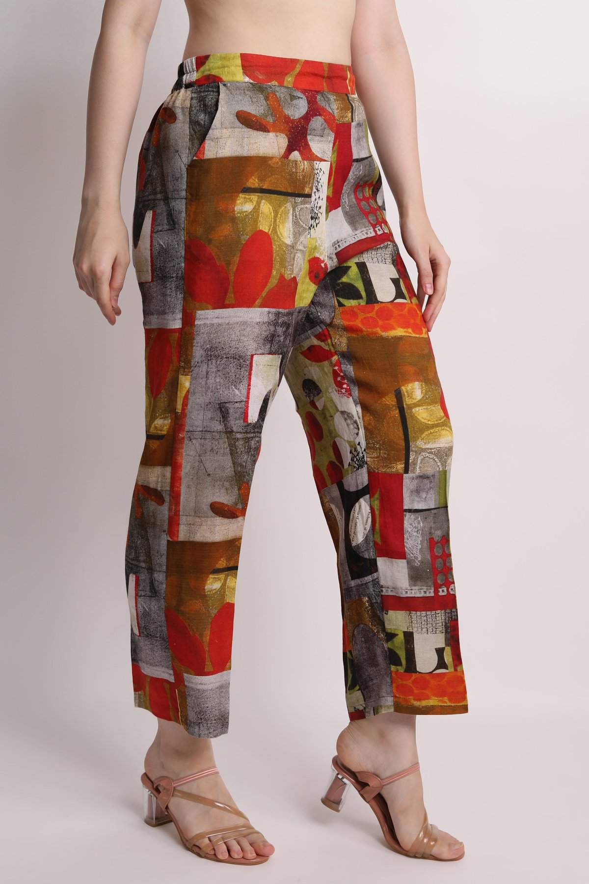 Red Abstract Patch Print Linen Trousers