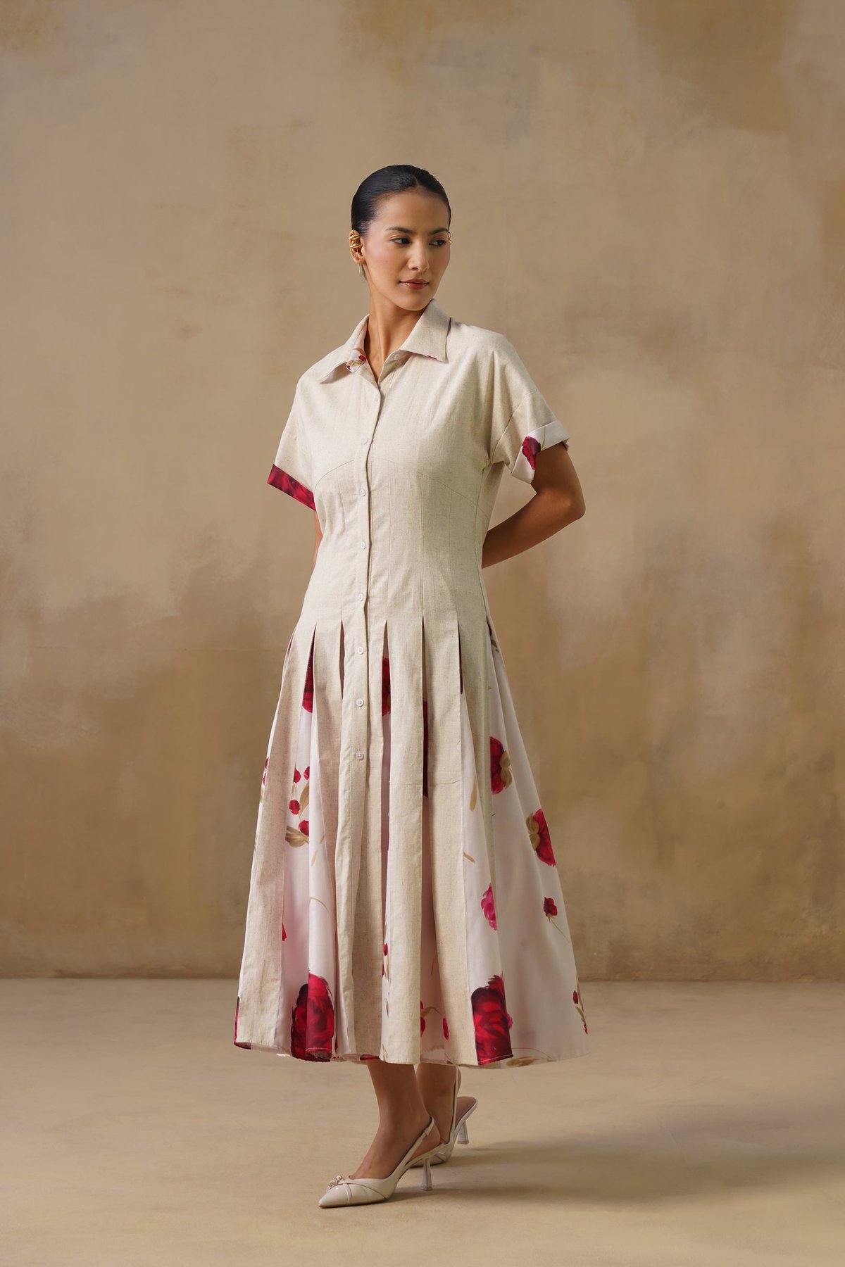 Beige and Red Linen Pleated Midi Shirt Dress