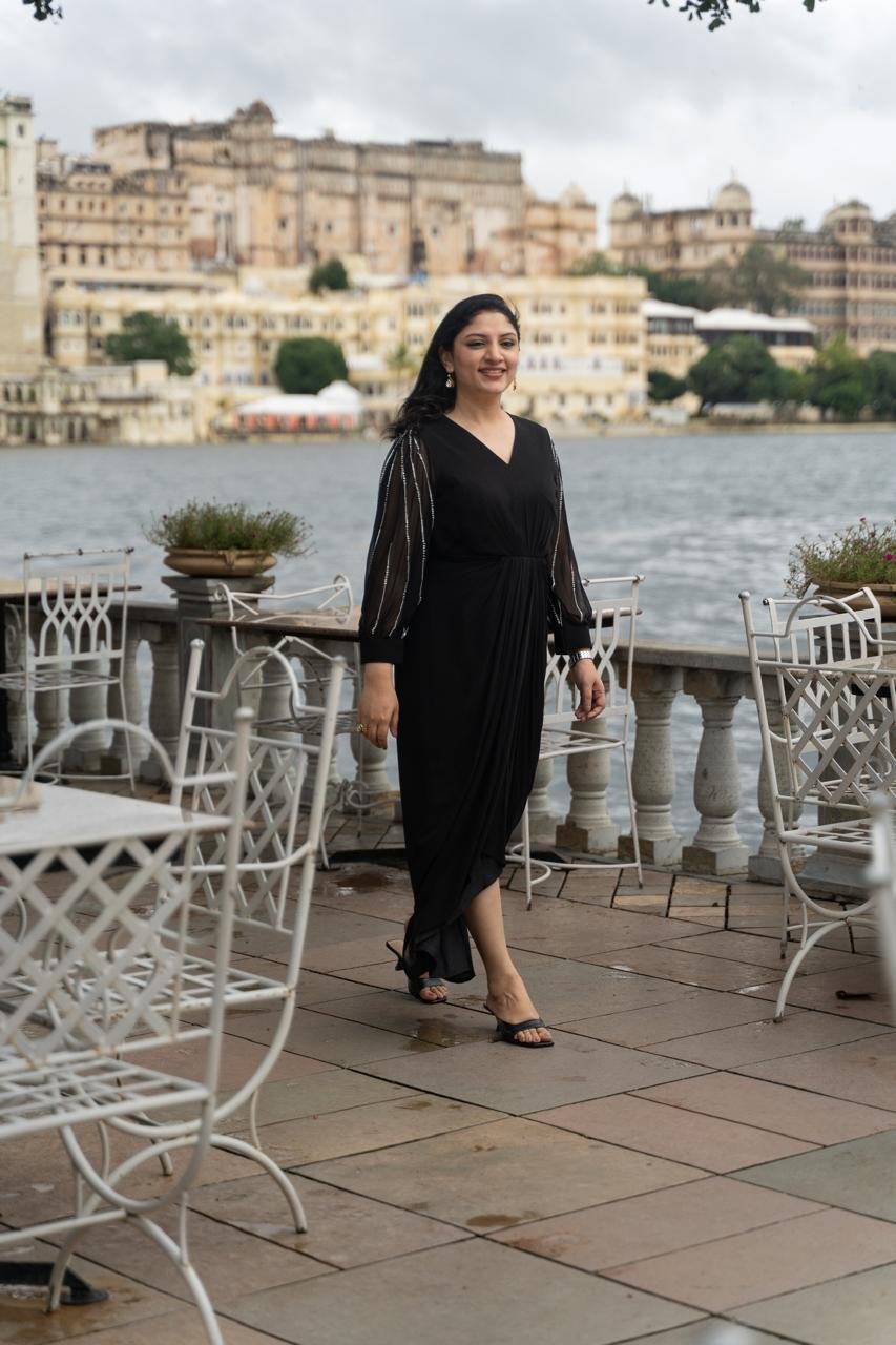 Black Georgette V-Neck Maxi Gown with Embellished Sleeves