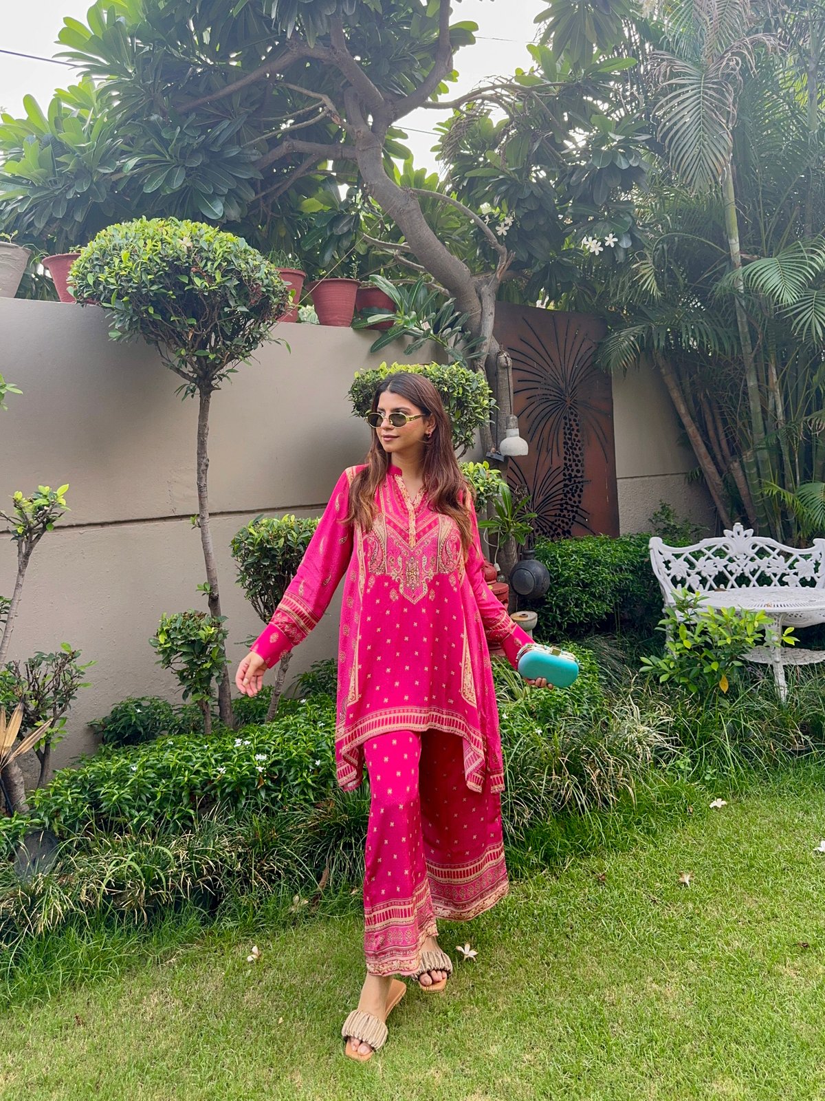 Pink Neck-Embroidered Tunic and Palazzo Co-ord Set