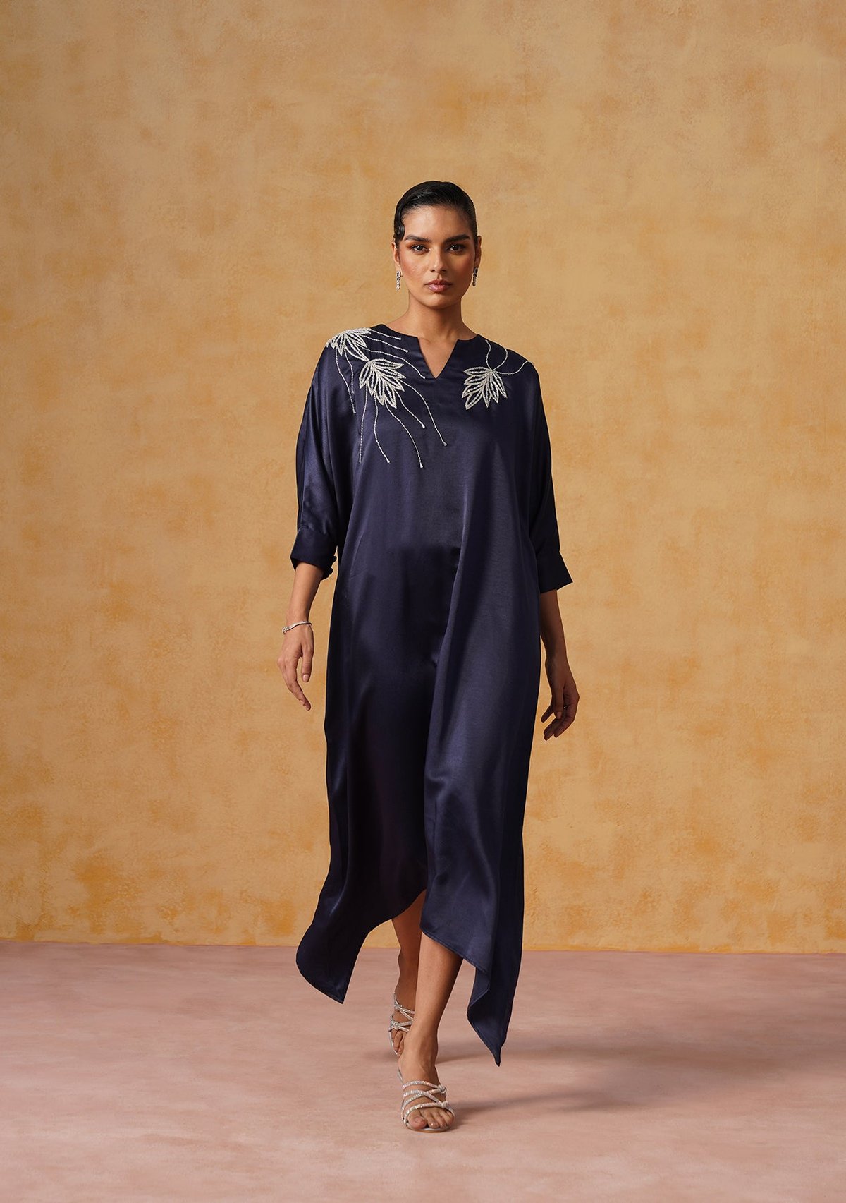 Navy Satin Kaftan Midi Dress with Crystal Embroidery