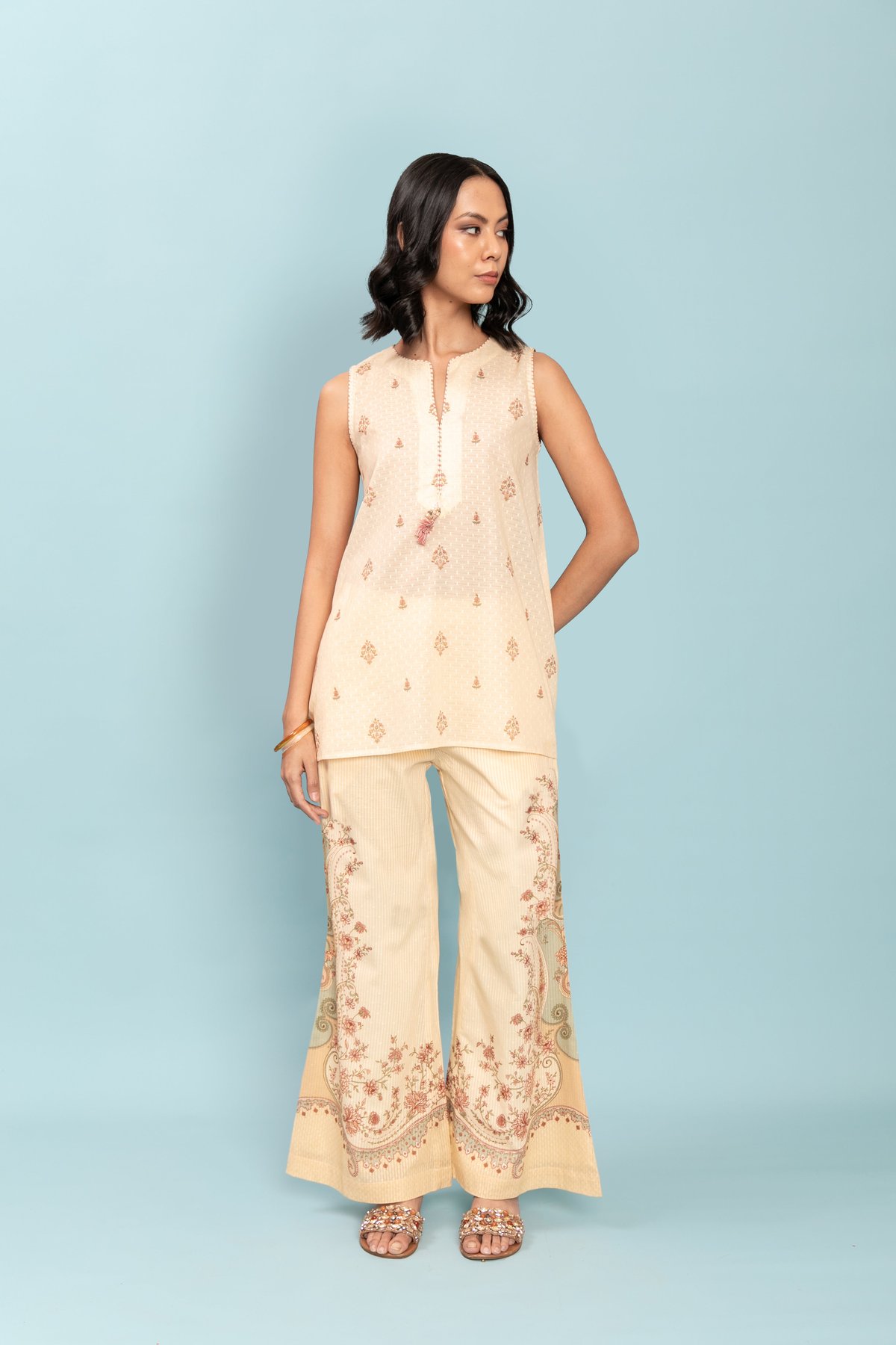 Beige Cotton Dobby Tunic and Wide-Leg Pants Co-ord Set