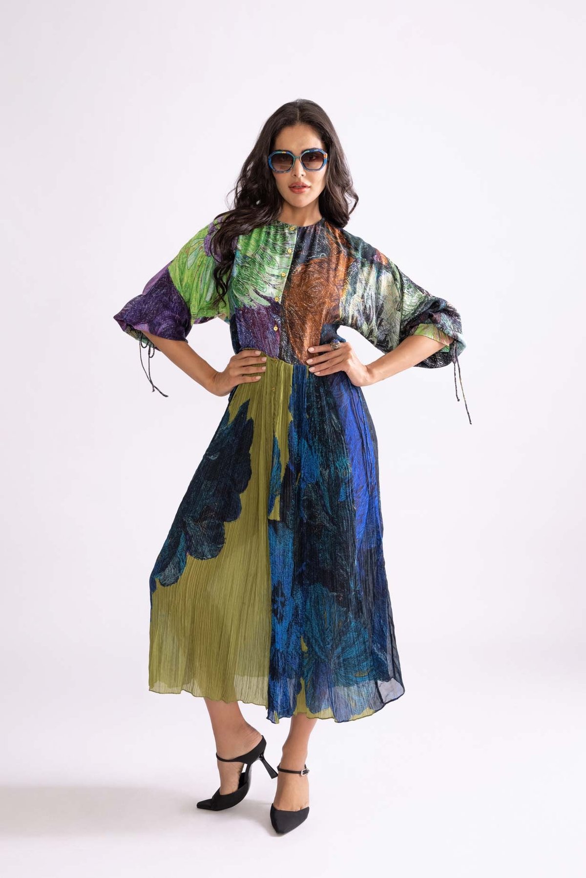 Multi-Colour Printed Button-Front Midi Dress
