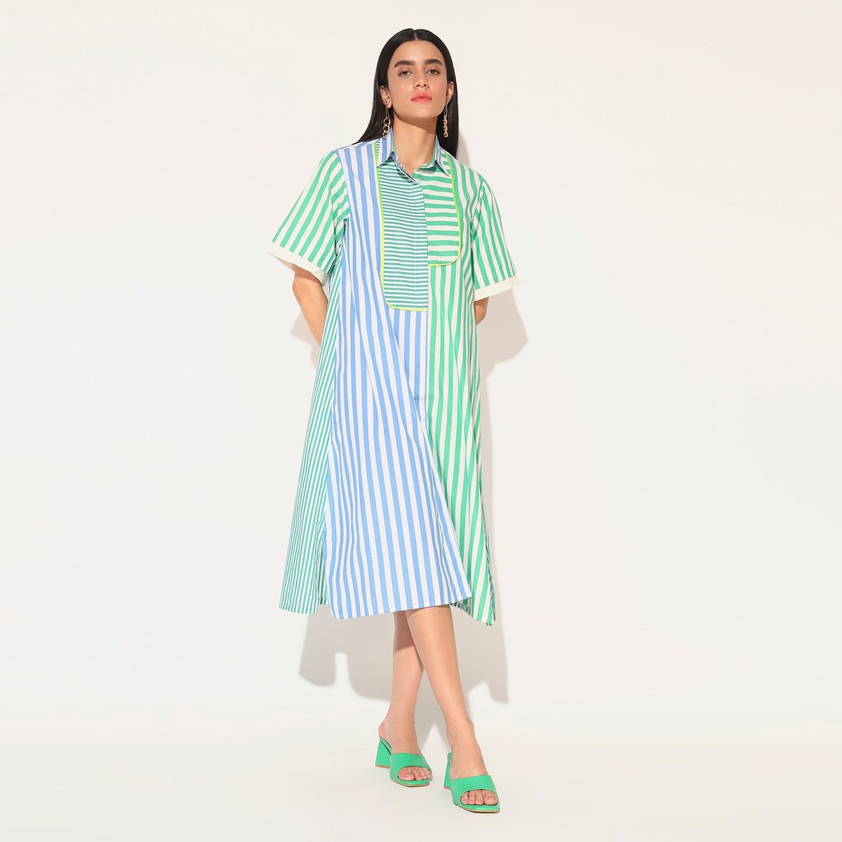 Blue Green Striped Panelled Cotton Midi Shirtdress