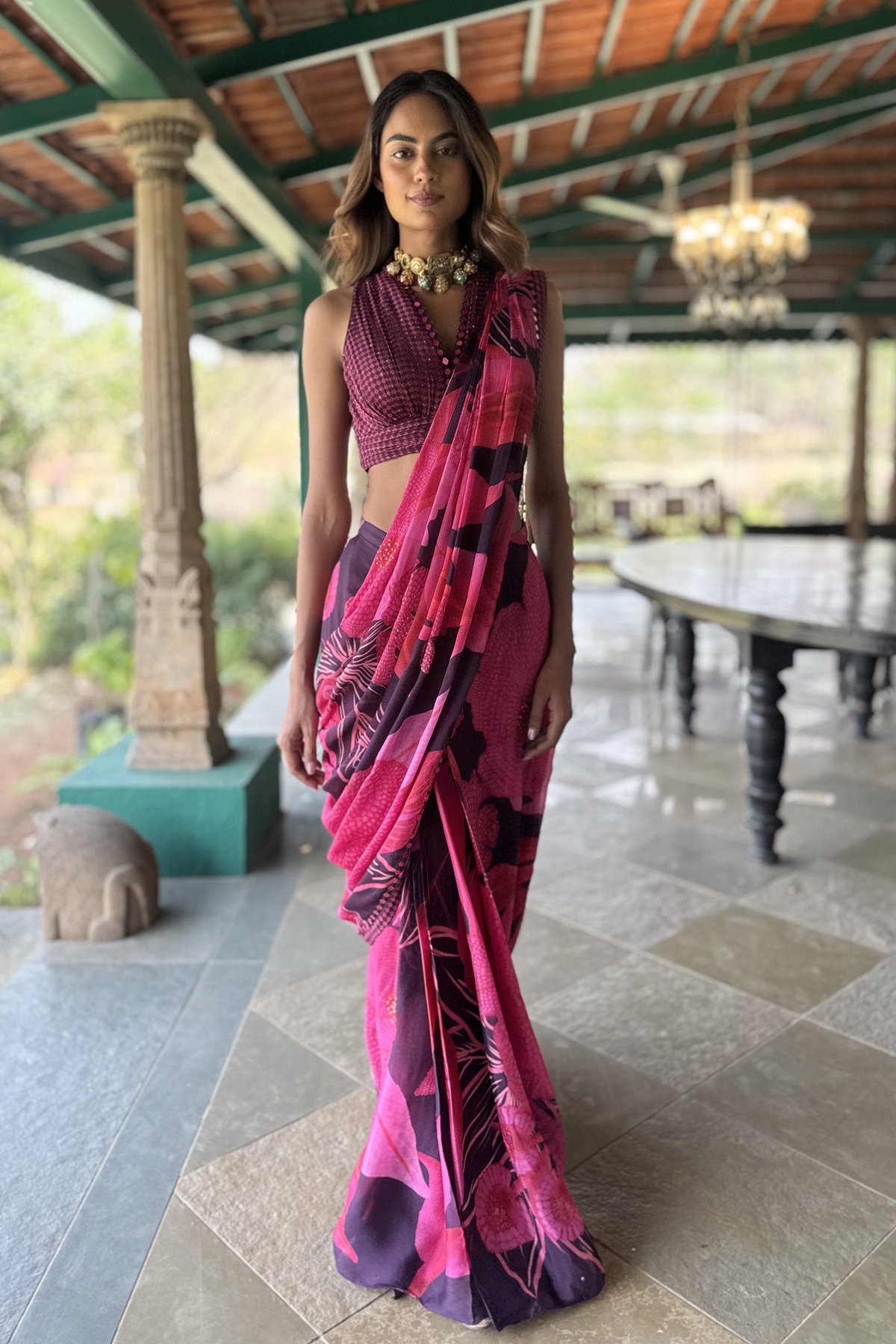 Wine Floral Printed Ready-to-Wear Chiffon Saree with Blouse