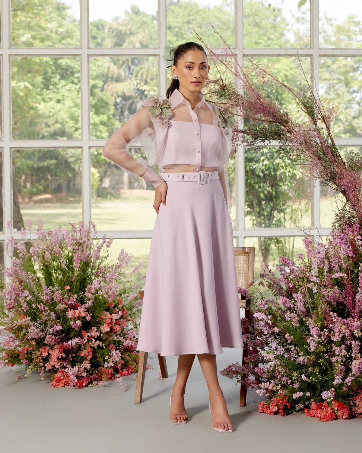 Pink Organza Shirt and Midi Skirt Co-ord Set