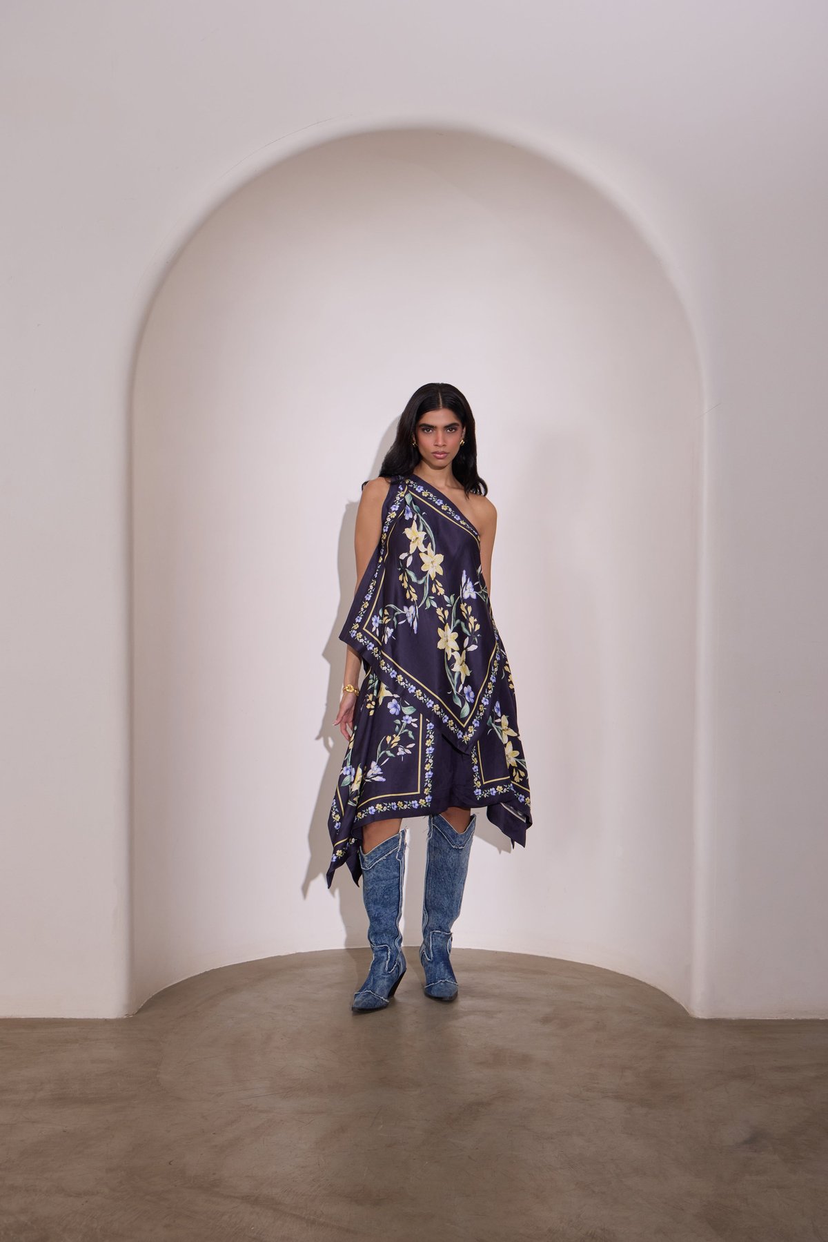 Navy Floral One-Shoulder Draped Top