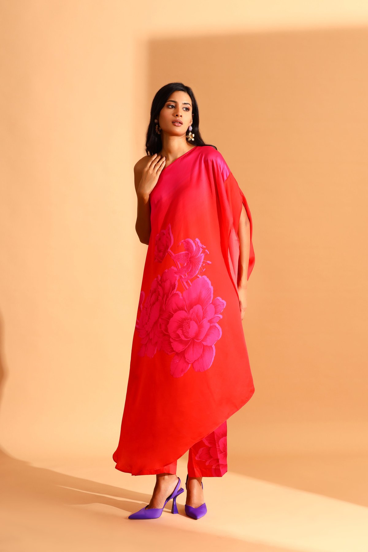 One-Shoulder Asymmetrical Floral Tunic in Red Magenta