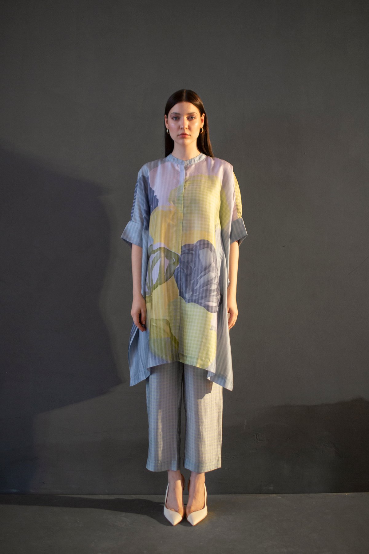 Grey/Yellow Abstract Printed Dupion Silk Kurta Set