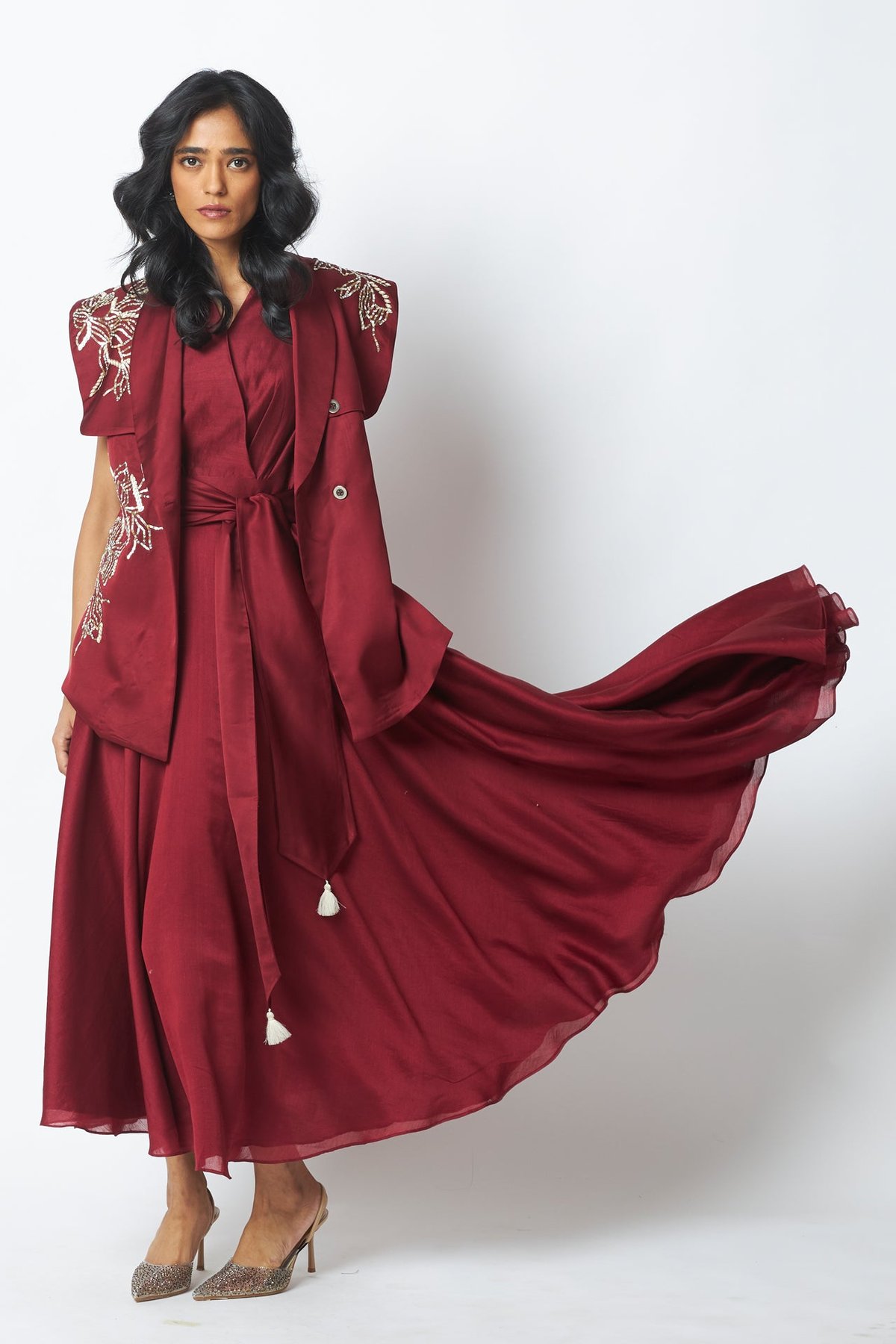 Burgundy Flap-Wrap Jacket and Maxi Dress Co-ord Set