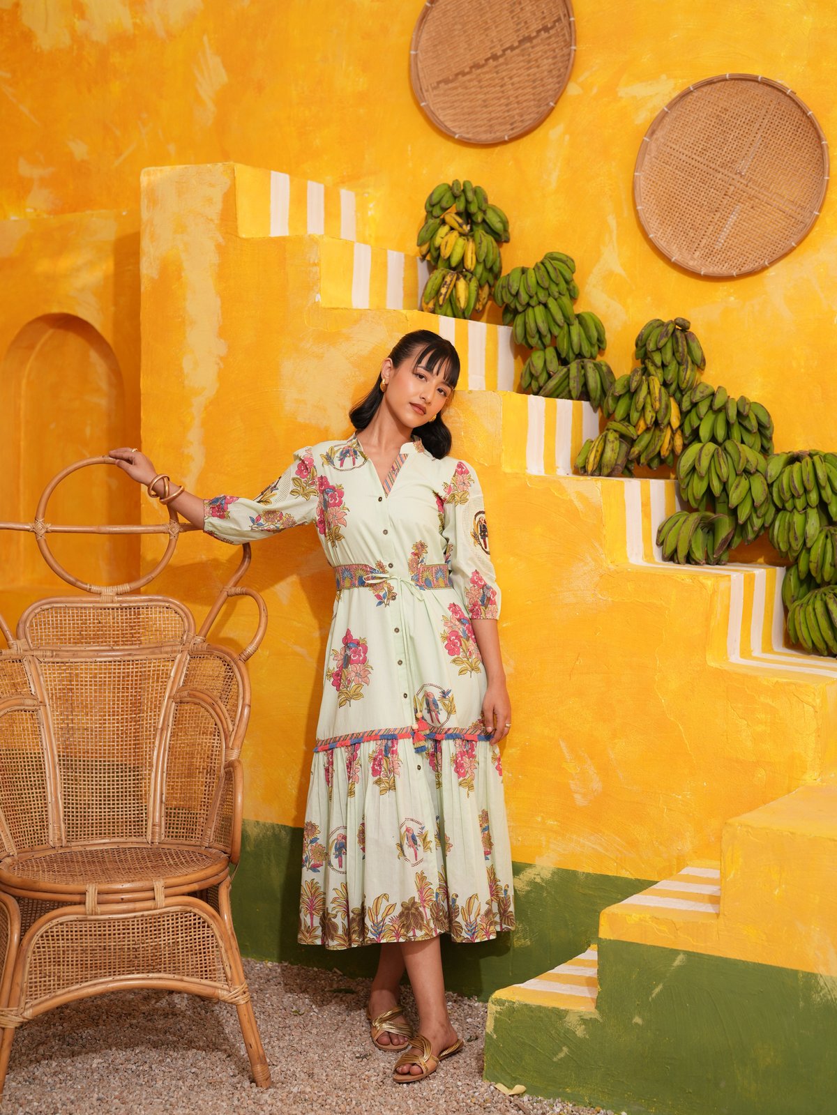 Cool Mint Tropical Print Button-Down Midi Dress with Belt
