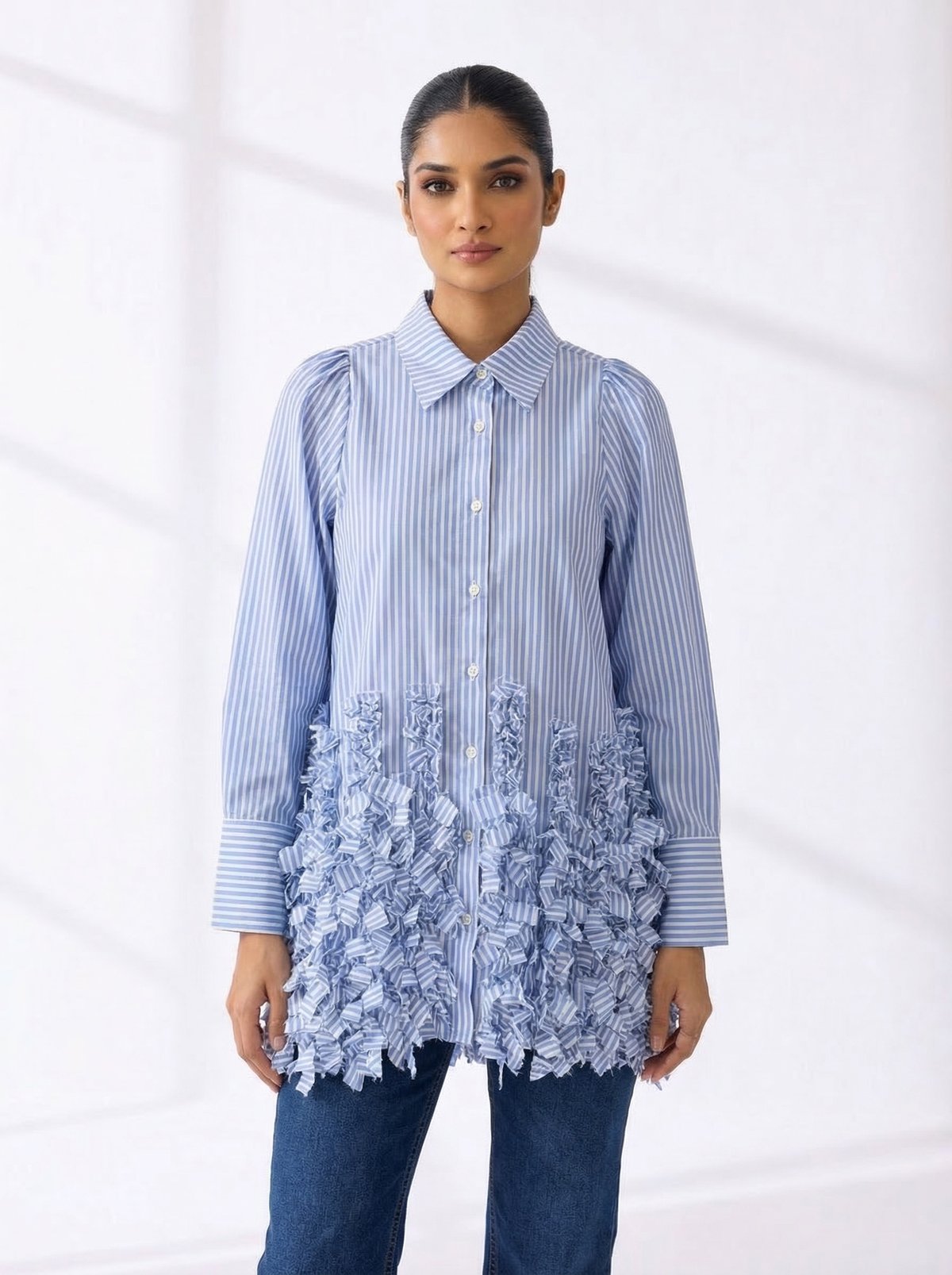 Blue Striped Longline Shirt with 3D Ruffle Hem