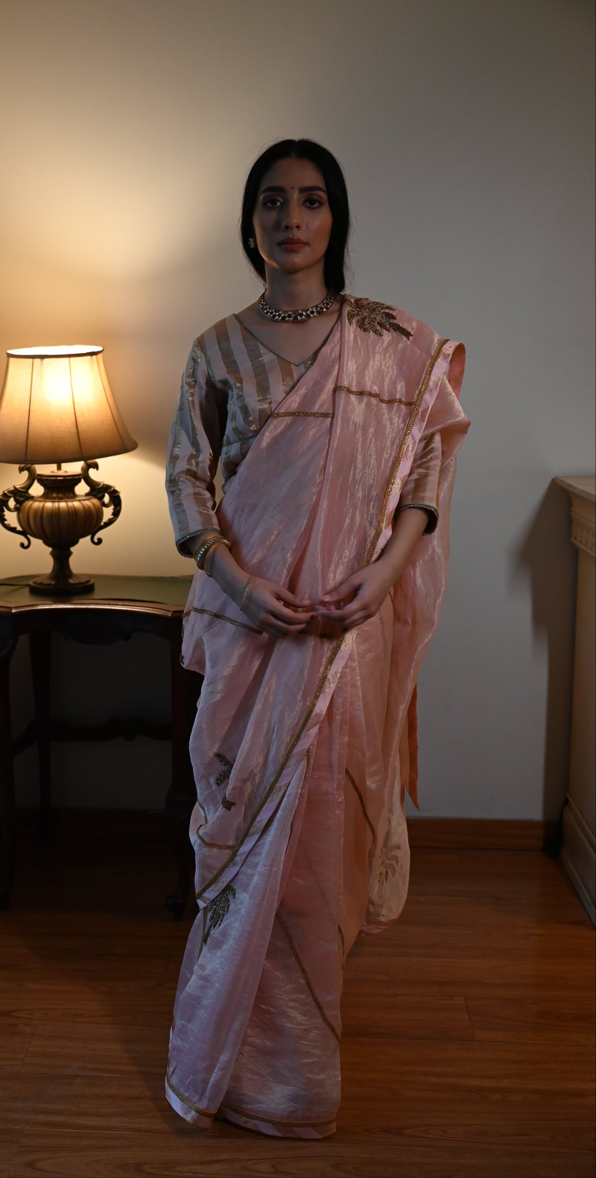 Golshan Saree In Ash Pink Pin Stripes