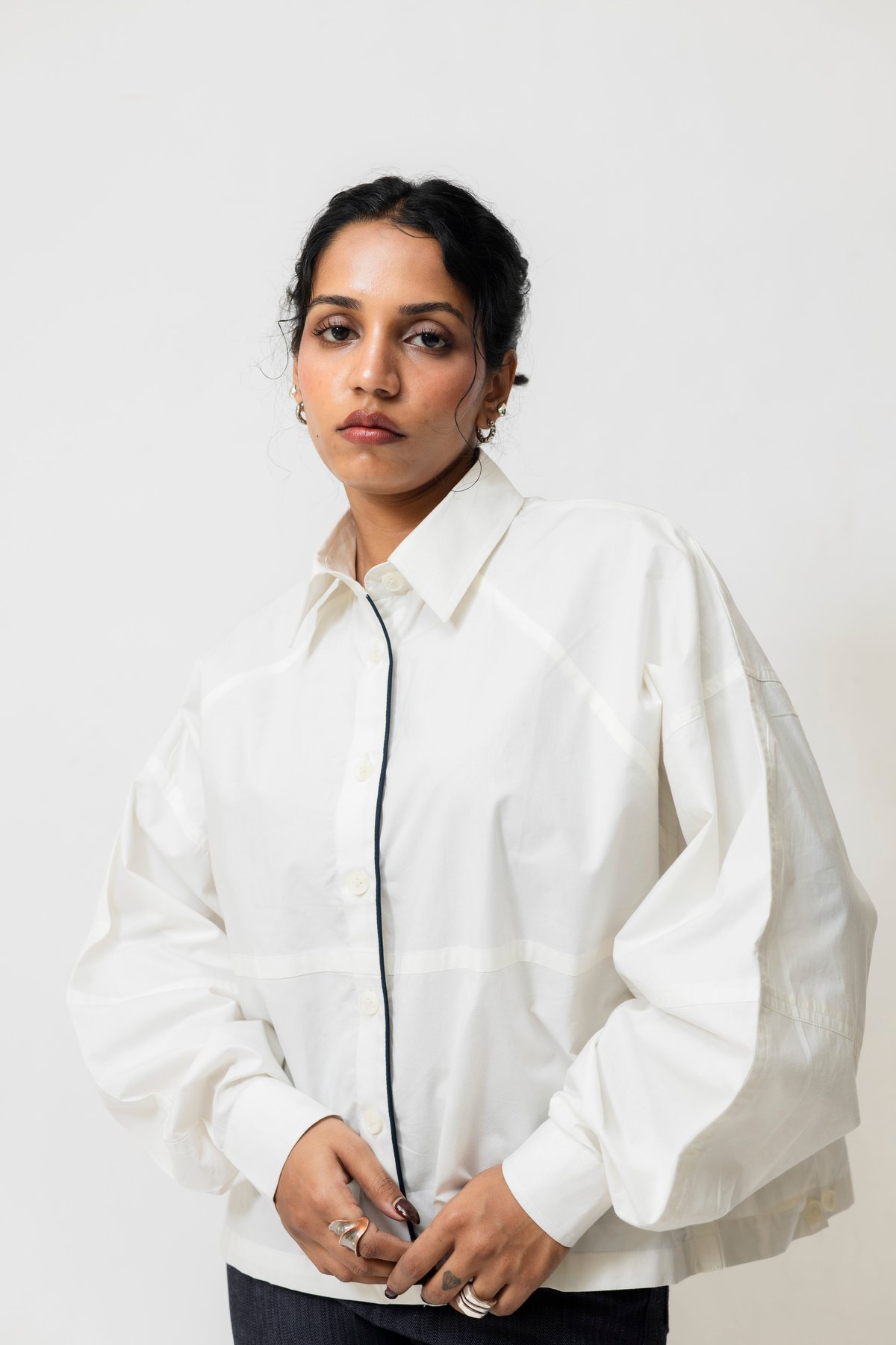 White Oversized Cotton Shirt with Contrast Piping