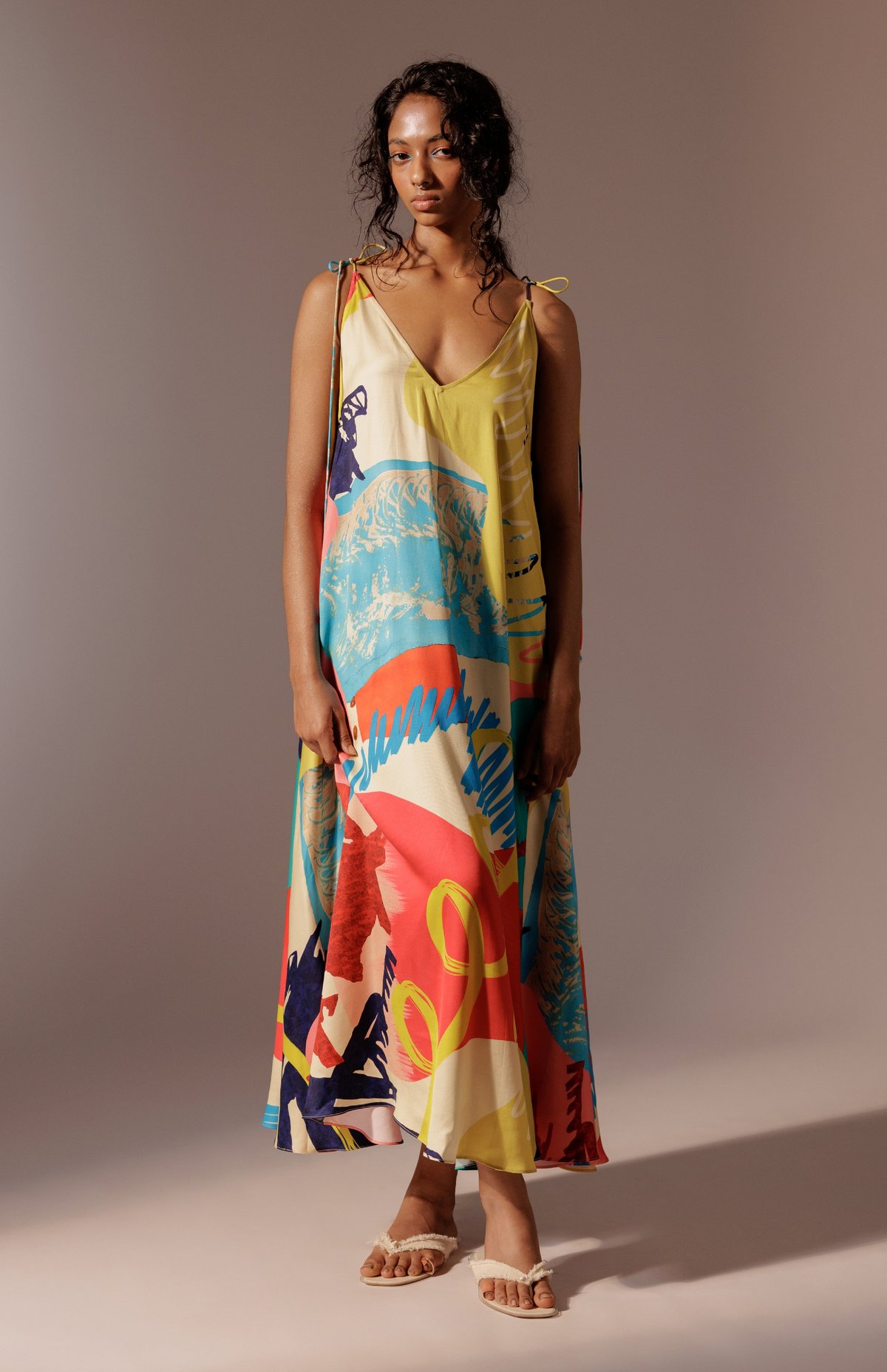 Multicolor Abstract Print Tie-Up Strap Satin Maxi Dress
