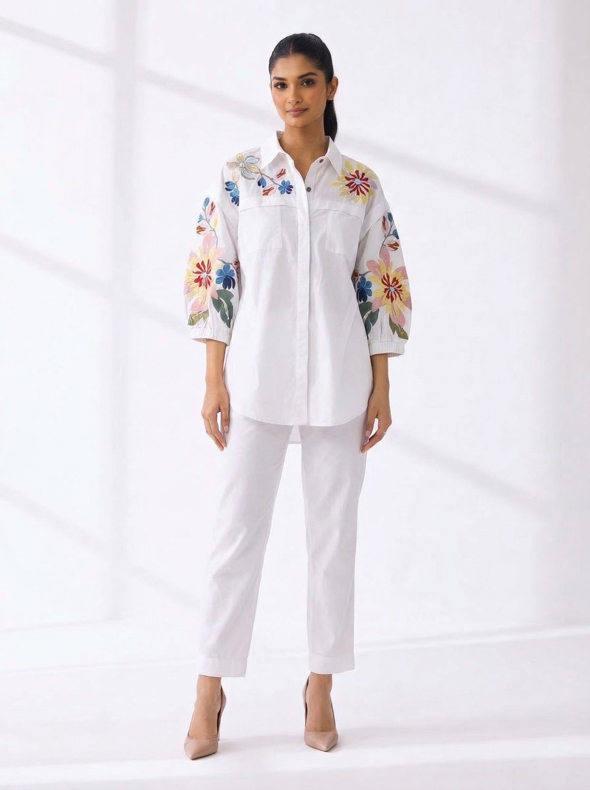 White Cotton Floral Detail Shirt and Pants Co-ord Set