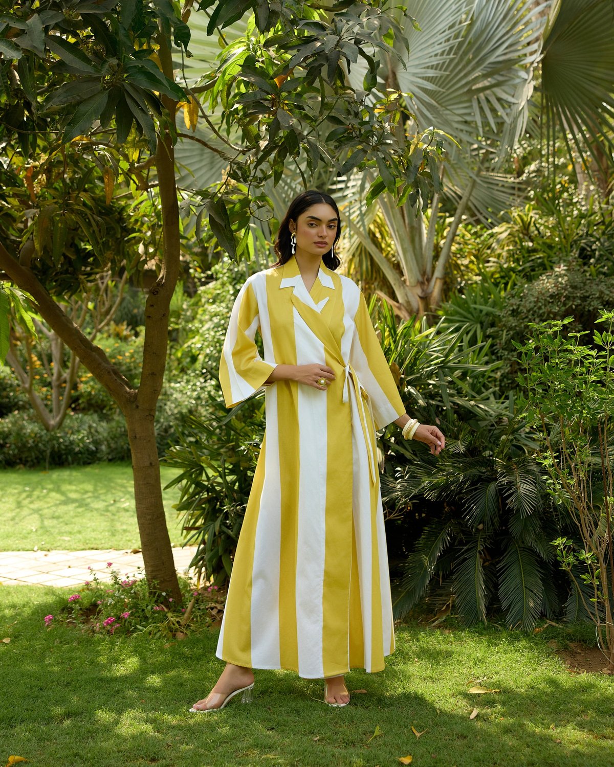 Yellow/White Colorblock Maxi Wrap Dress