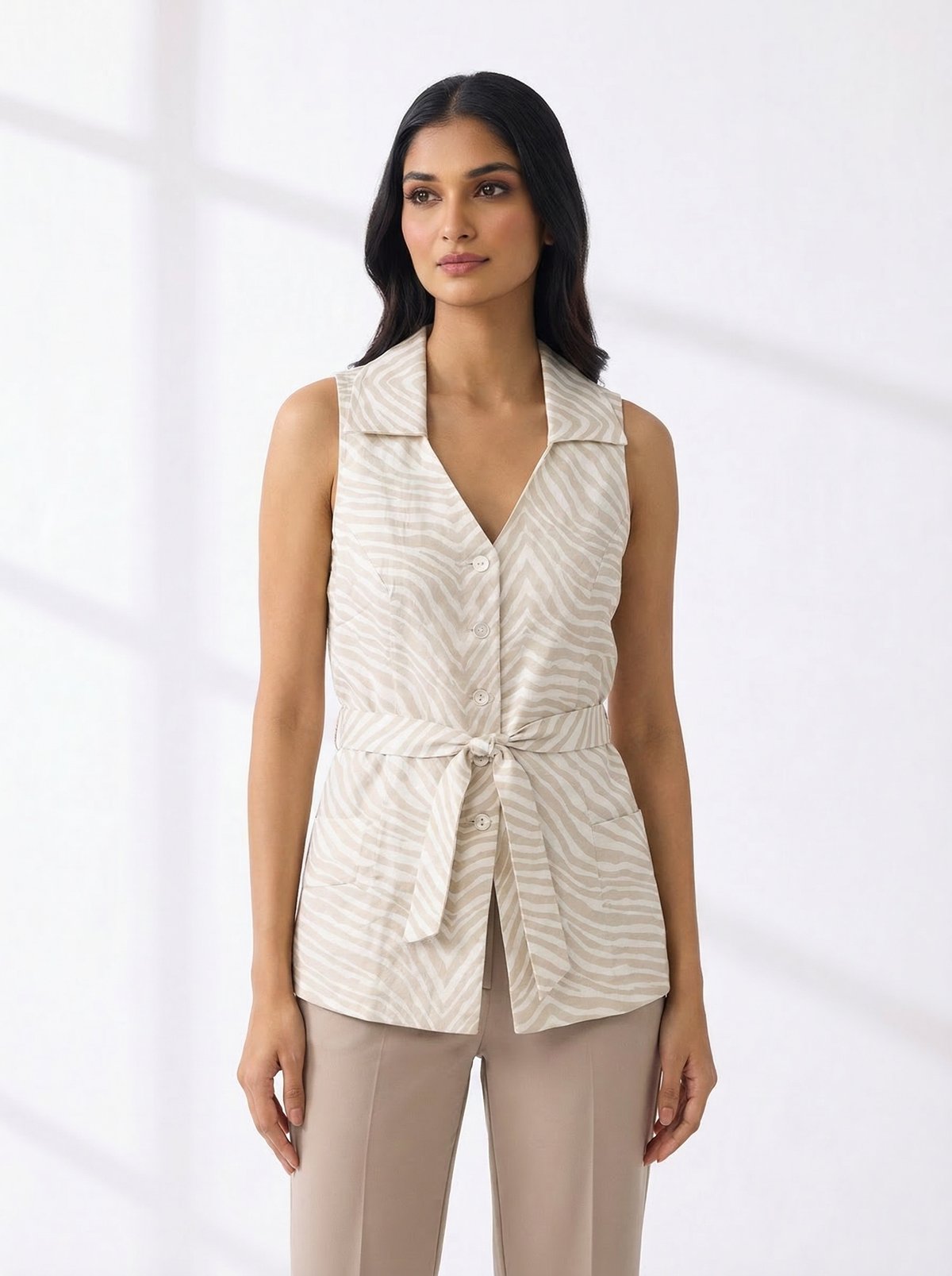 Off White Printed Linen Sleeveless Tie-Waist Longline Top