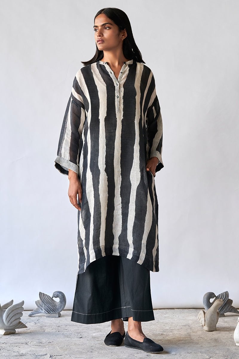 Black and Tofu Striped Linen Kurta Set