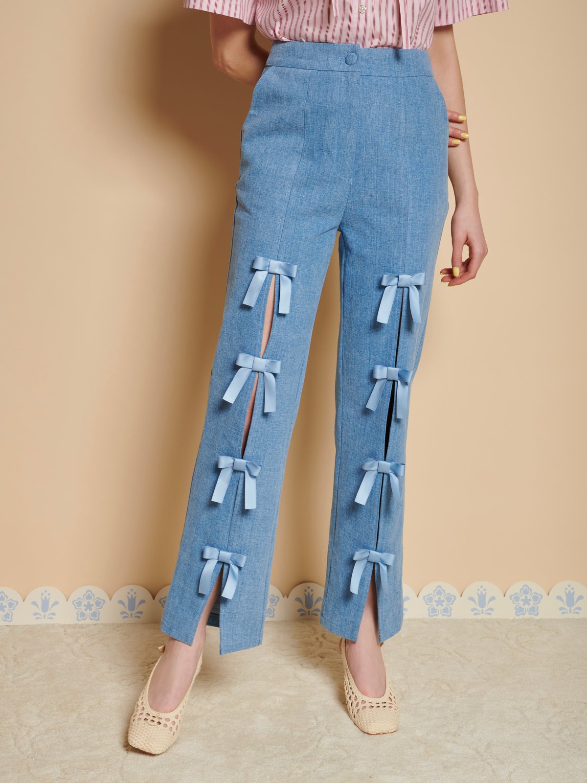 Blue High-Rise Straight-Leg Jeans with Bow Slit Detail