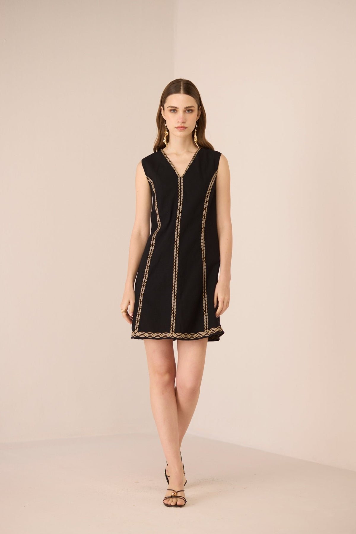 Black Cotton-Linen A-Line Mini Dress with Dori Embroidery