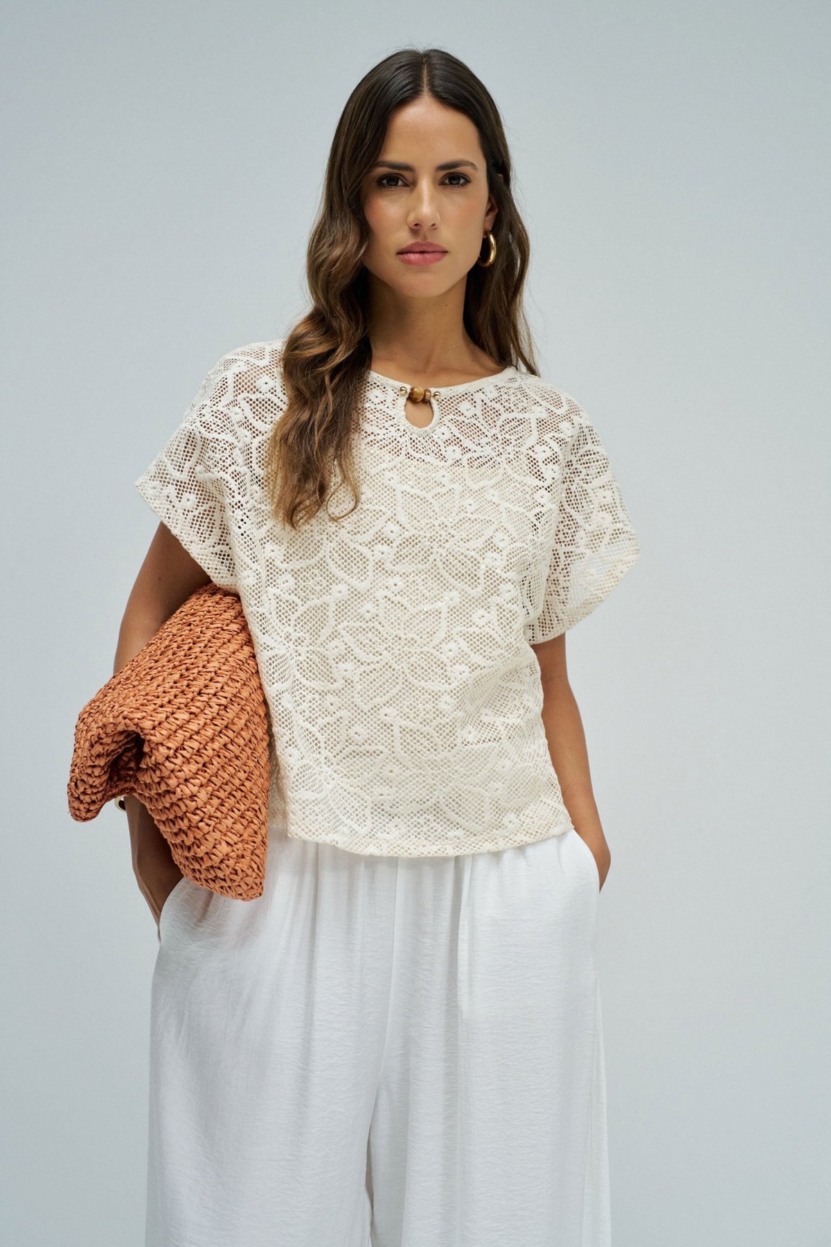 Light Beige Crochet T-Shirt with Keyhole Neck Detail