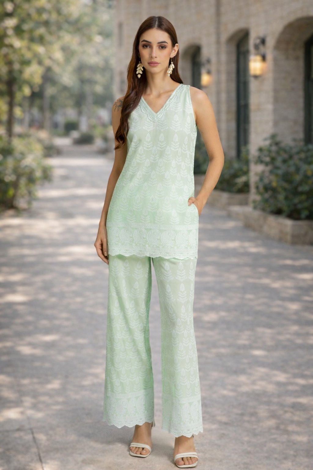 Sage Green Cotton Schiffli Co-ord Set with Wide-Leg Pants
