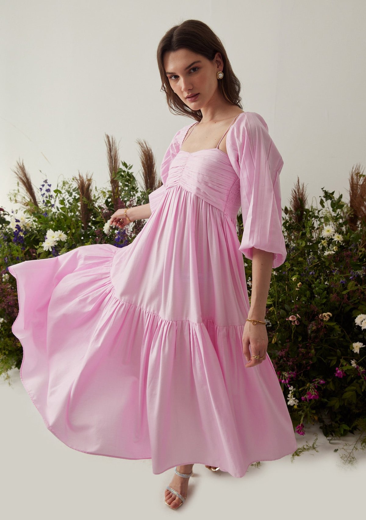 Pink Tiered Cotton Midi Dress with Detachable Sleeves