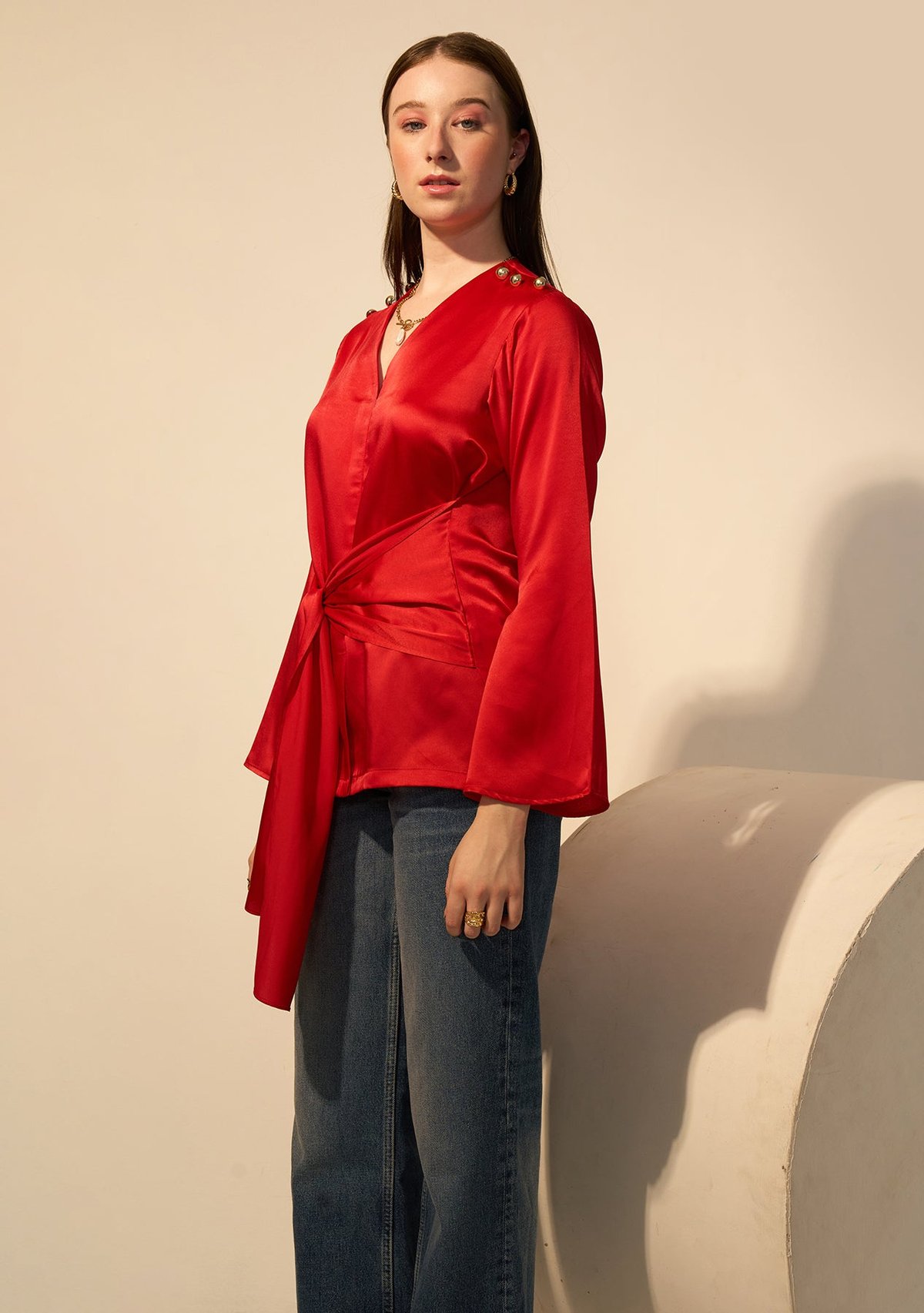 Red Satin Wrap Top with Bell Sleeves