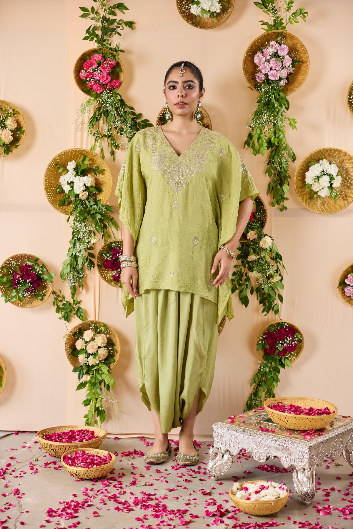 Sage Green Embroidered Short Kurta Set with Cowl Pants