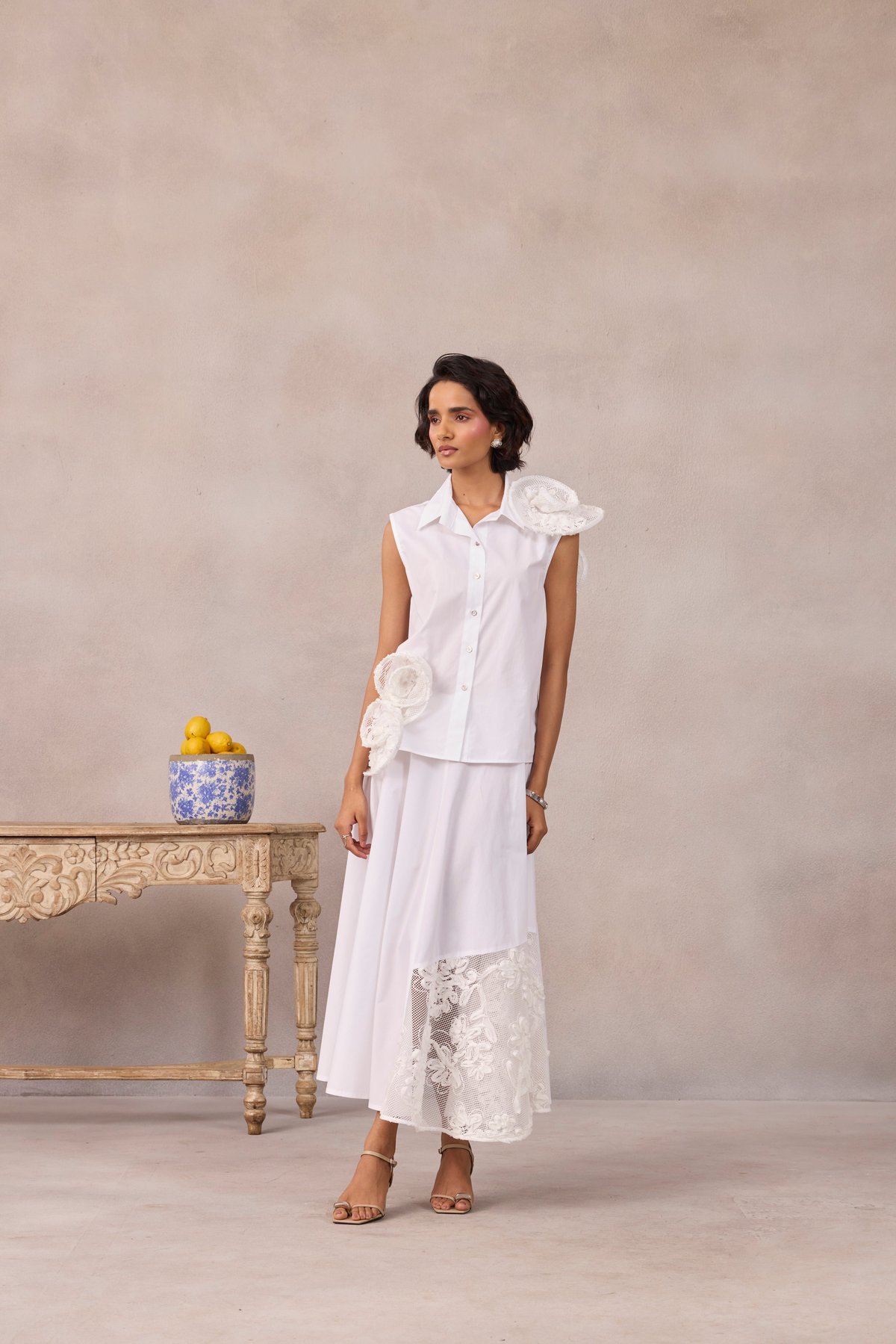 Bright White Sleeveless Shirt with 3D Rosette Detail