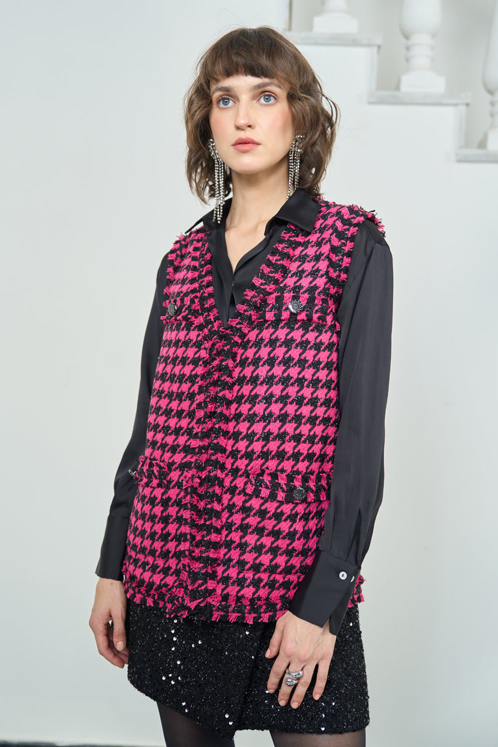 Hot Pink and Black Houndstooth Sleeveless Tweed Jacket